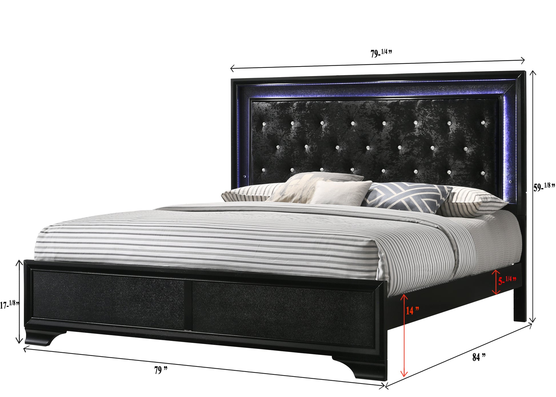 Modern Black Finish Upholstered 1Pc King Size Led Panel Bed Faux Diamond Tufted Bedroom Furniture Black Solid Wood