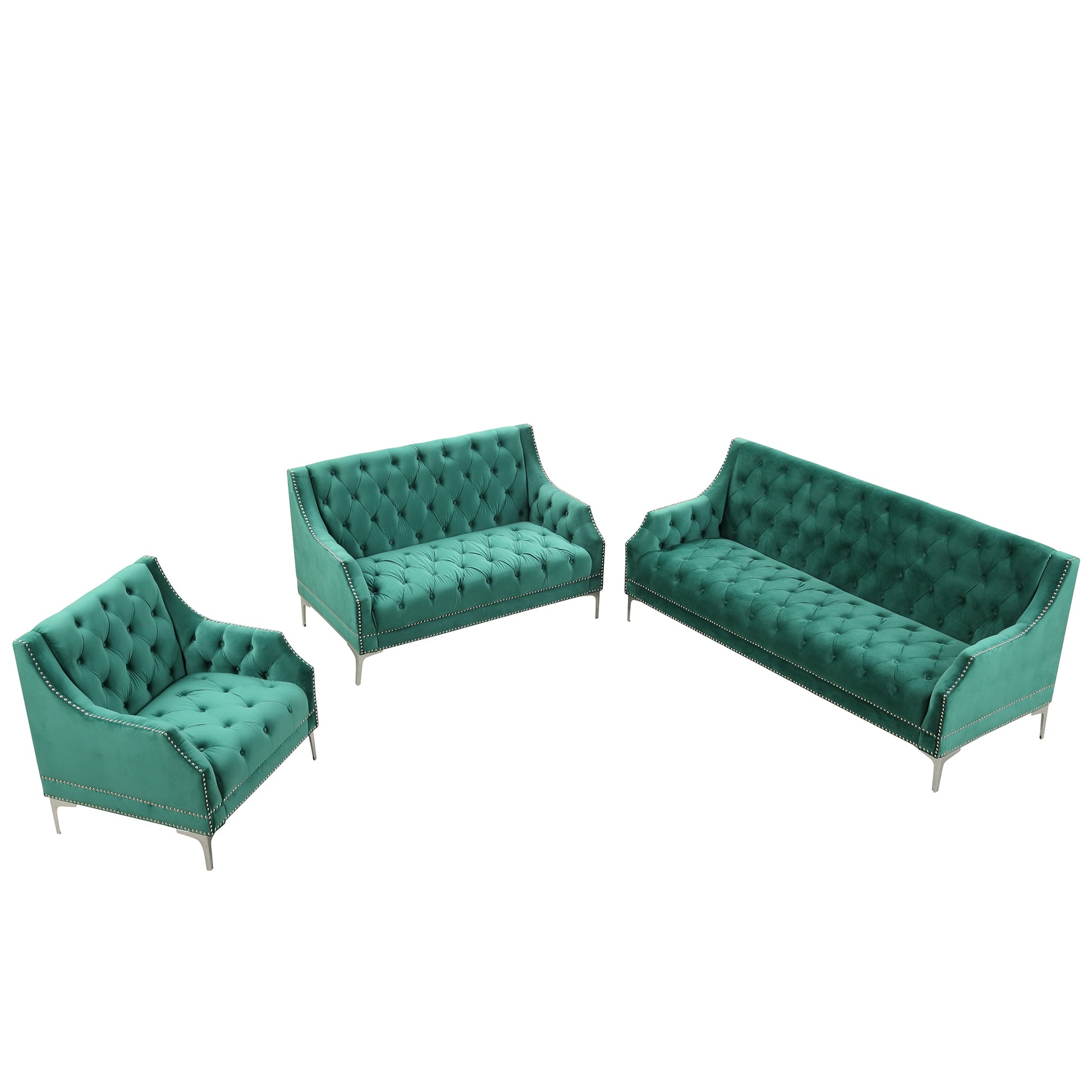 Modern Three Piece Sofa Set With Metal Legs, Buttoned Tufted Backrest, Frosted Velvet Upholstered Sofa Set Including Three Seater Sofa, Double Seater And Living Room Furniture Set Single Chair Green Foam Polyester