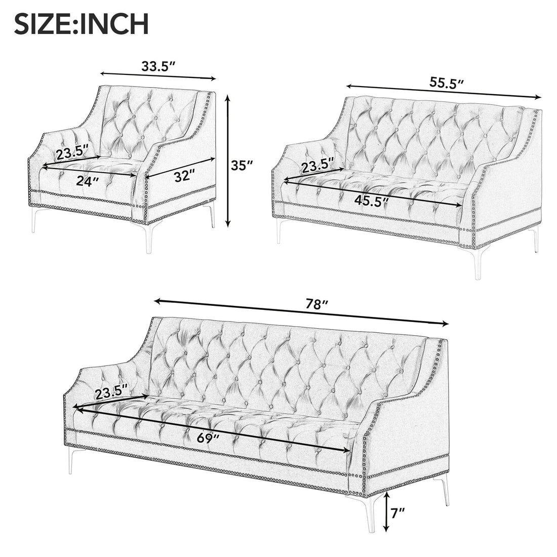 Modern Three Piece Sofa Set With Metal Legs, Buttoned Tufted Backrest, Frosted Velvet Upholstered Sofa Set Including Three Seater Sofa, Double Seater And Living Room Furniture Set Single Chair Green Foam Polyester