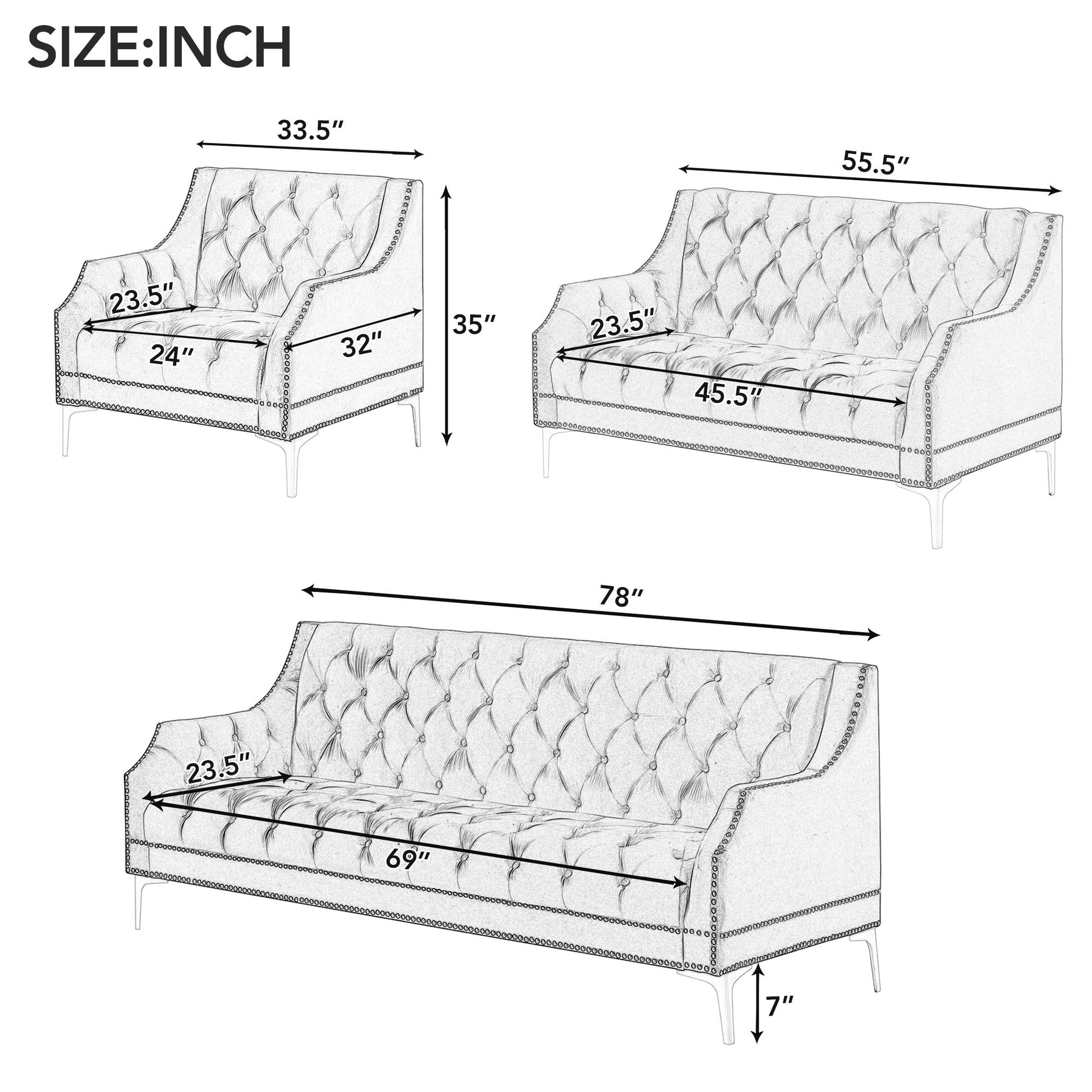 Modern Three Piece Sofa Set With Metal Legs, Buttoned Tufted Backrest, Frosted Velvet Upholstered Sofa Set Including Three Seater Sofa, Double Seater And Living Room Furniture Set Single Chair Green Foam Polyester