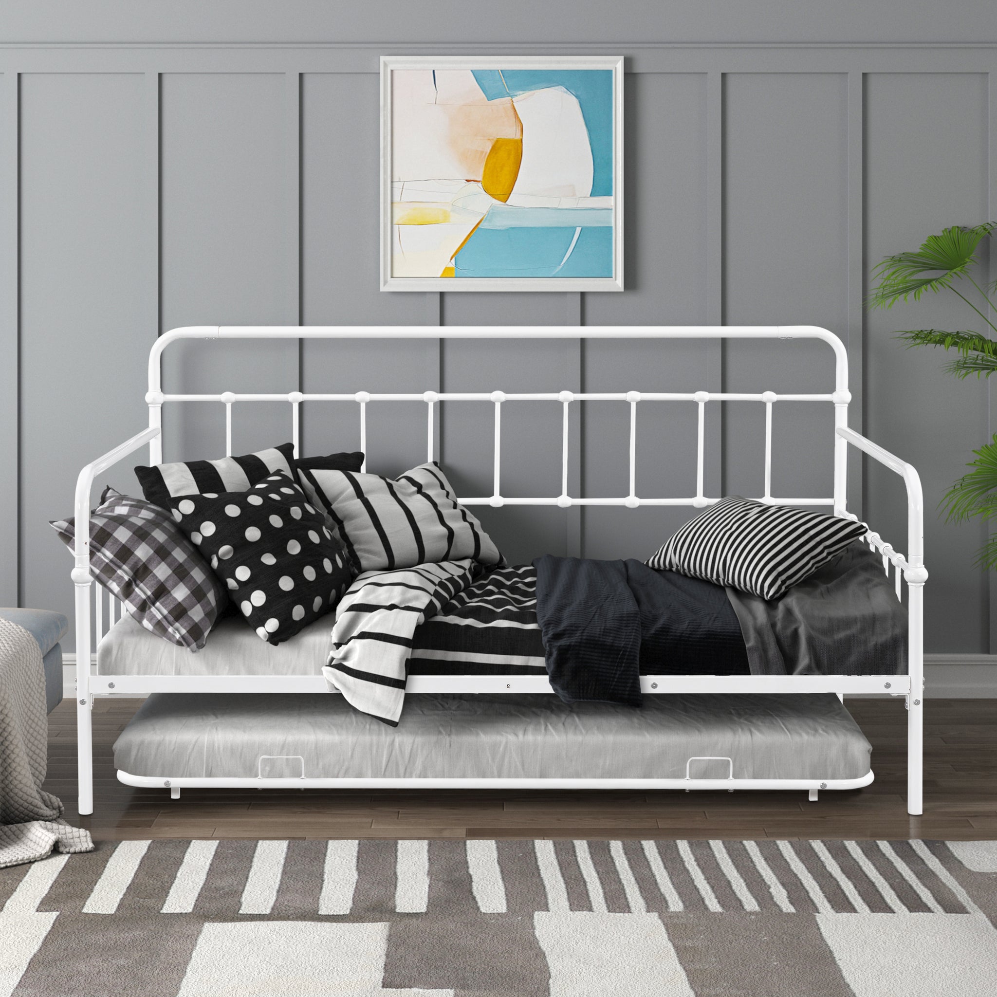 Metal Frame Daybed With Trundle White Metal