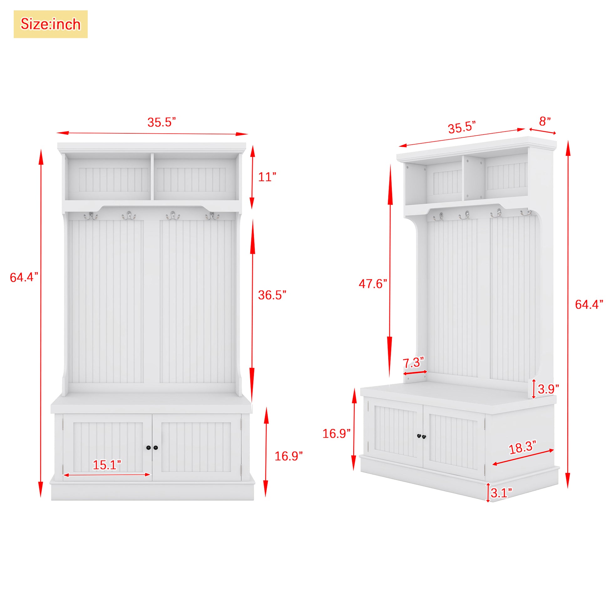 Hall Tree With Storage Shoe Bench For Entryway And Hallway, 4 In 1 Design Coat Racks With 4 Hooks For Living Room, White White Mdf