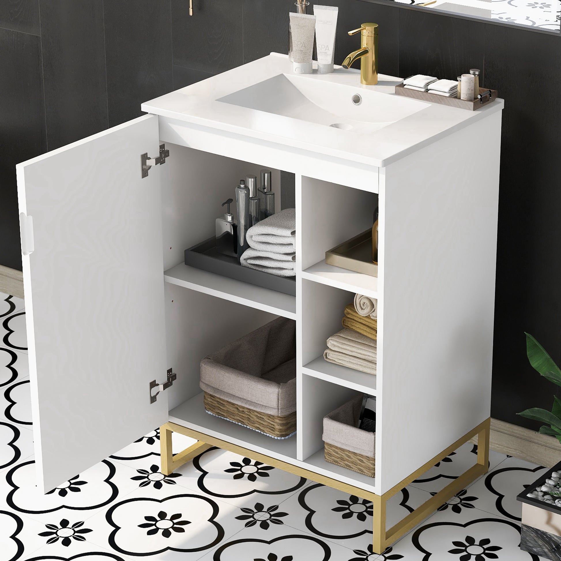 24Inch White Bathroom Vanity Sink Combo For Small Space, Modern Design With Ceramic Basin, Gold Legs And Semi Open Storage Faucet Not Included White Mdf