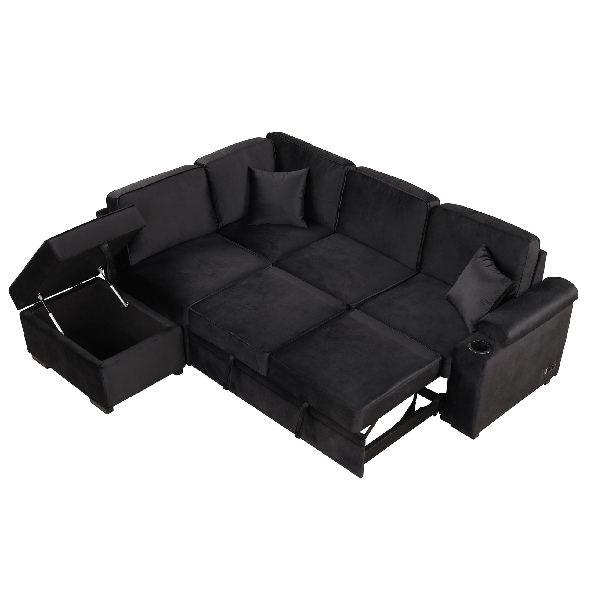 84.75" Sleeper Sofa Bed,2 In 1 Pull Out Sofa Bed L Shape Couch With Storage Ottoman For Living Room,Bedroom Couch And Small Apartment, Black Black Foam Velvet 4 Seat