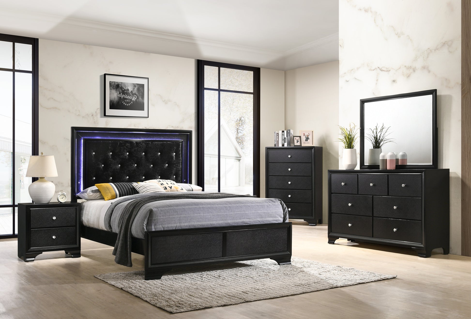 Modern Black Finish Upholstered 1Pc Queen Size Led Panel Bed Faux Diamond Tufted Bedroom Furniture Black Solid Wood