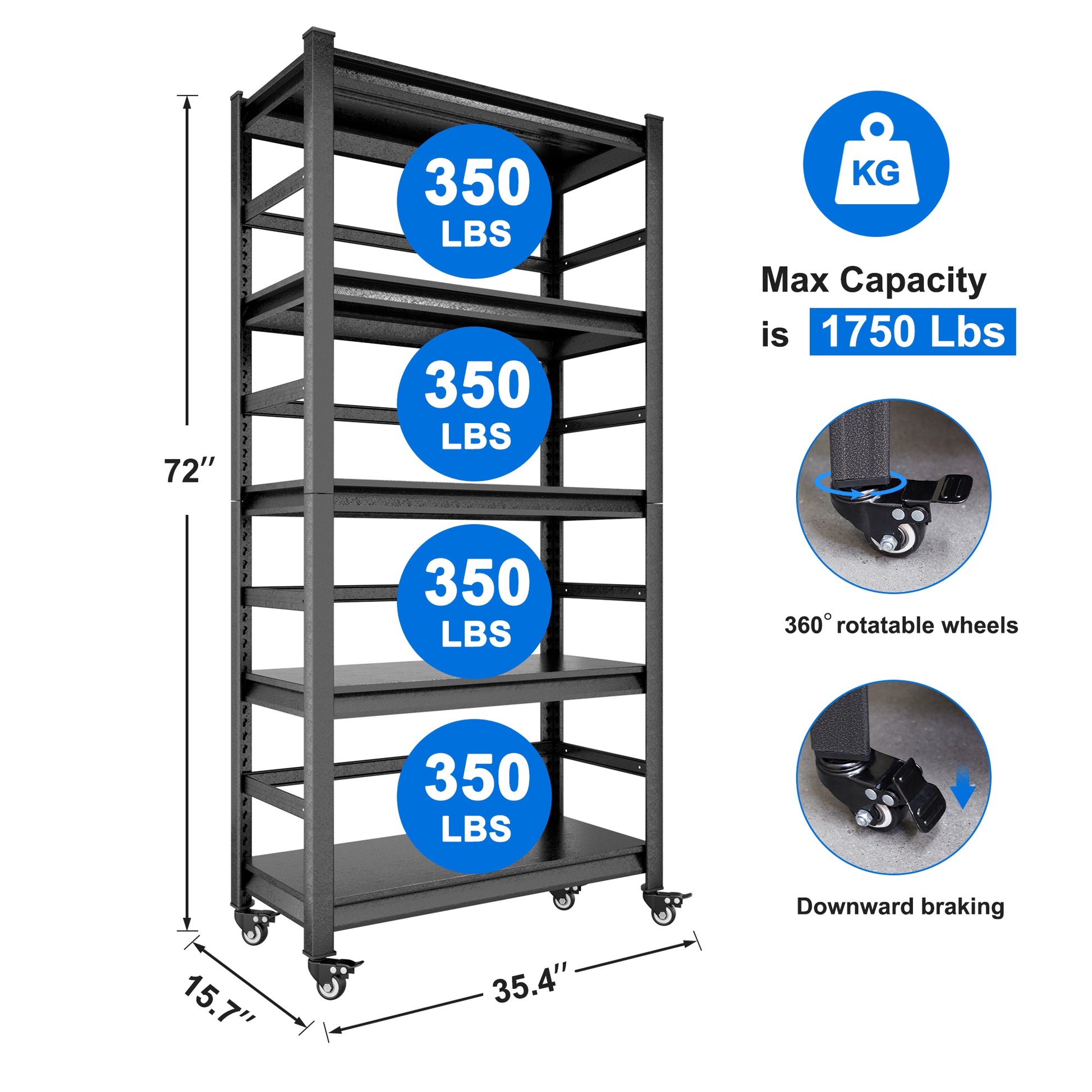 72"H Heavy Duty Storage Shelves Adjustable 5 Tier Metal Shelving Unit With Wheels For 1750Lbs Load Kitchen, Garage, Pantry, And More 5 Black Standard Vertical Kitchen Open Back Metal Antique Adjustable Shelves Metal Metal