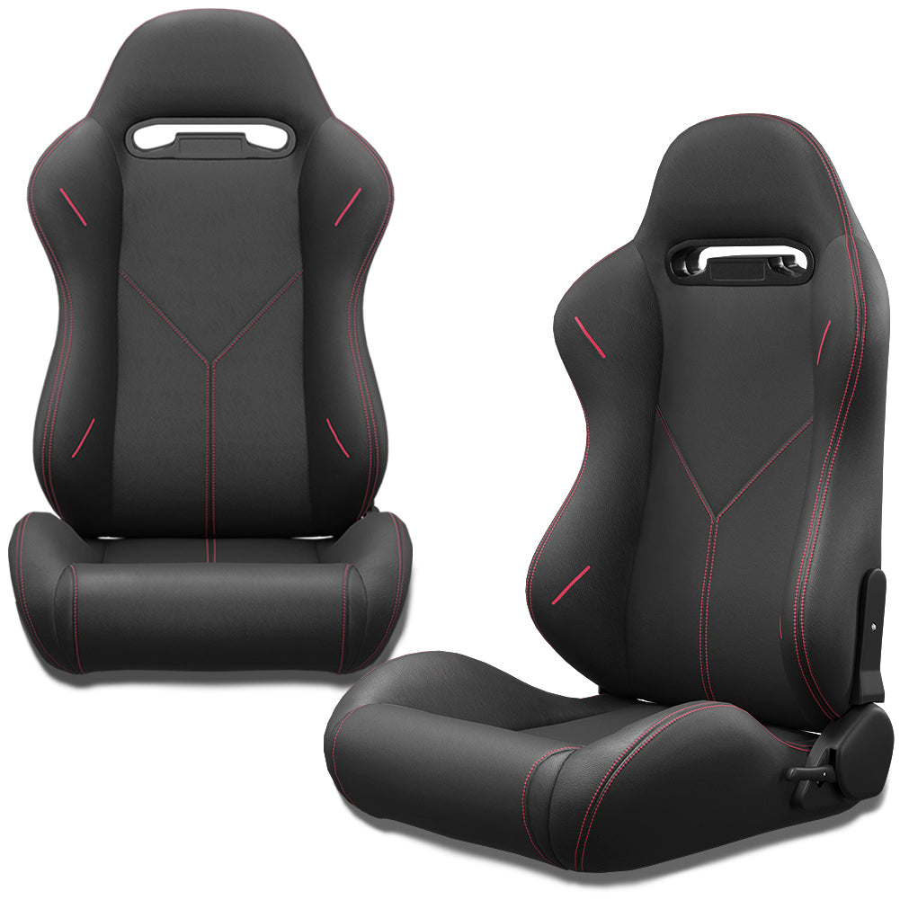 2Pc Universal Bucket Racing Seats Red Stitch Red Pvc Leather Reclinable Carbon Look Leather Back With Adjustor Slider Not Including Seat Bracket 1 Box Of 2 Pieces Black Pvc