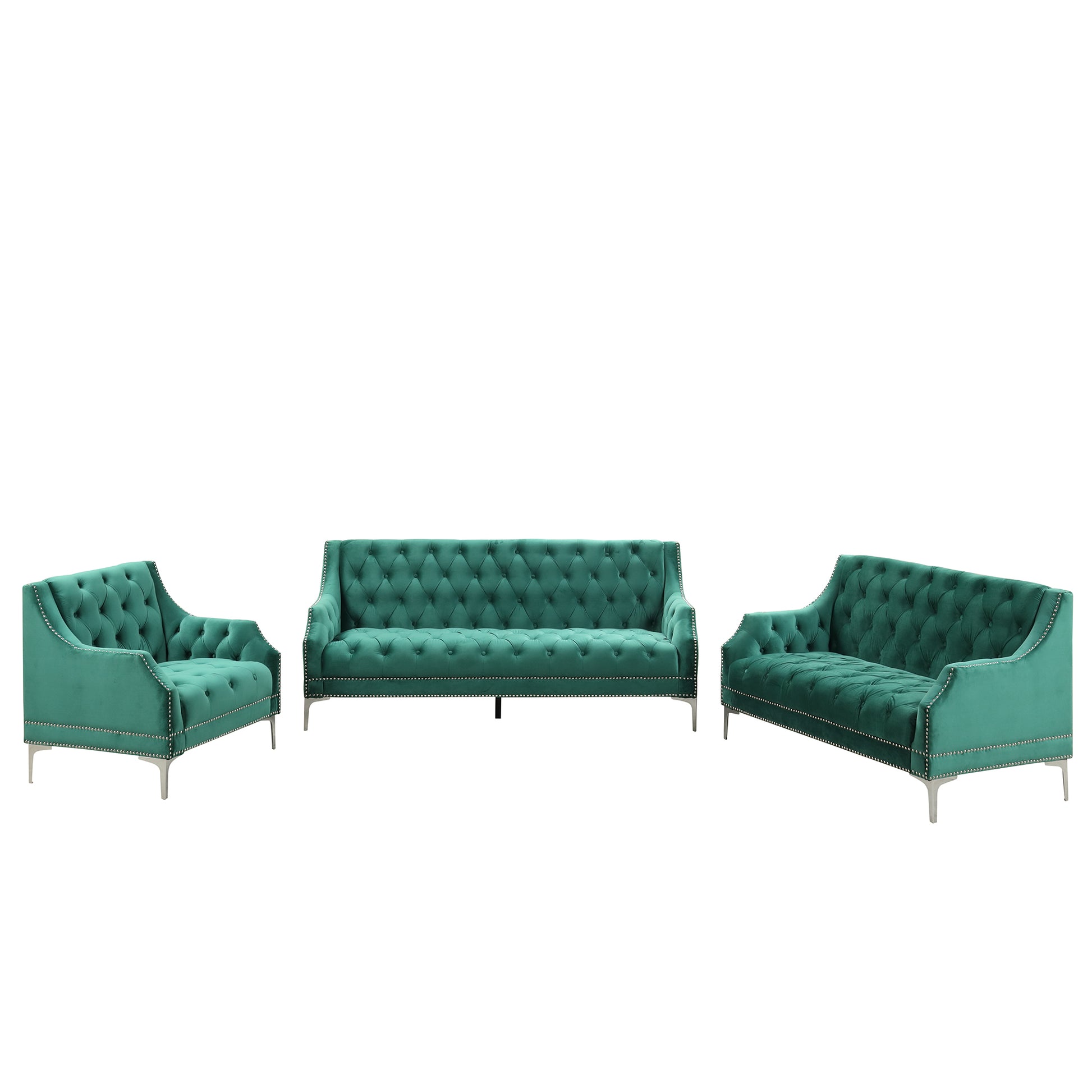 Modern Three Piece Sofa Set With Metal Legs, Buttoned Tufted Backrest, Frosted Velvet Upholstered Sofa Set Including Three Seater Sofa, Double Seater And Living Room Furniture Set Single Chair Green Foam Polyester