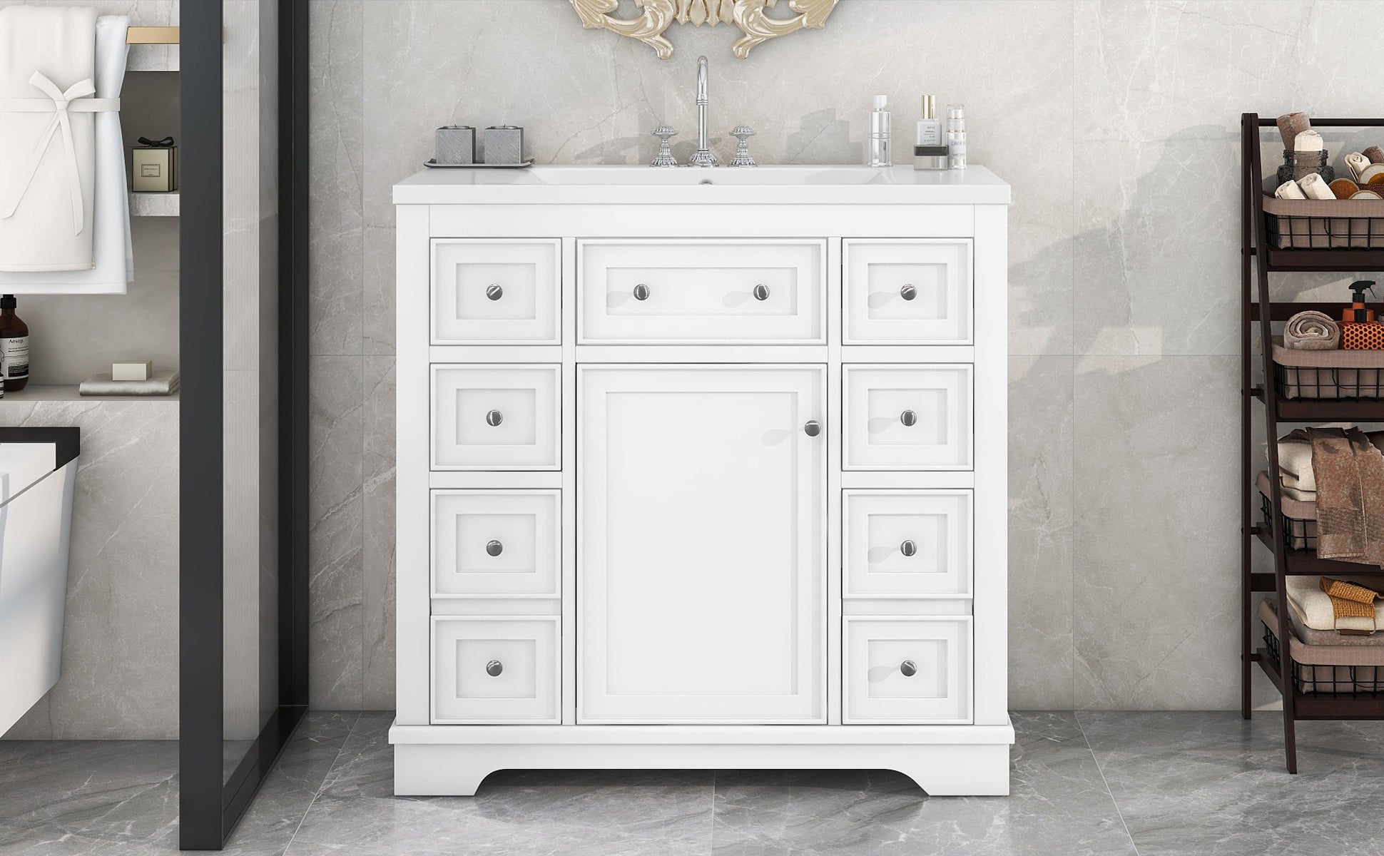 36" Bathroom Vanity With Sink Combo, One Cabinet And Six Drawers, Solid Wood And Mdf Board, White White Solid Wood Mdf