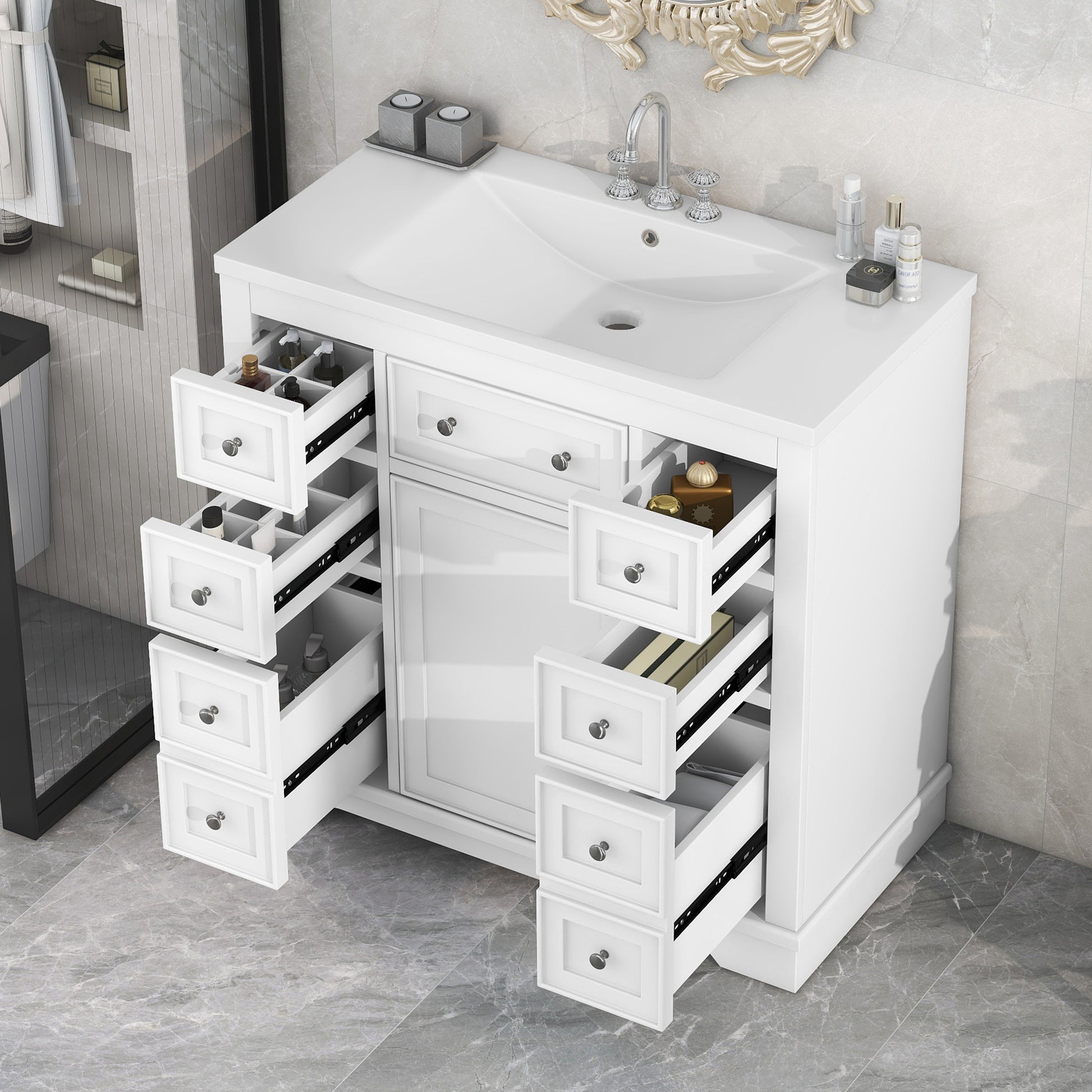 36" Bathroom Vanity With Sink Combo, One Cabinet And Six Drawers, Solid Wood And Mdf Board, White White Solid Wood Mdf