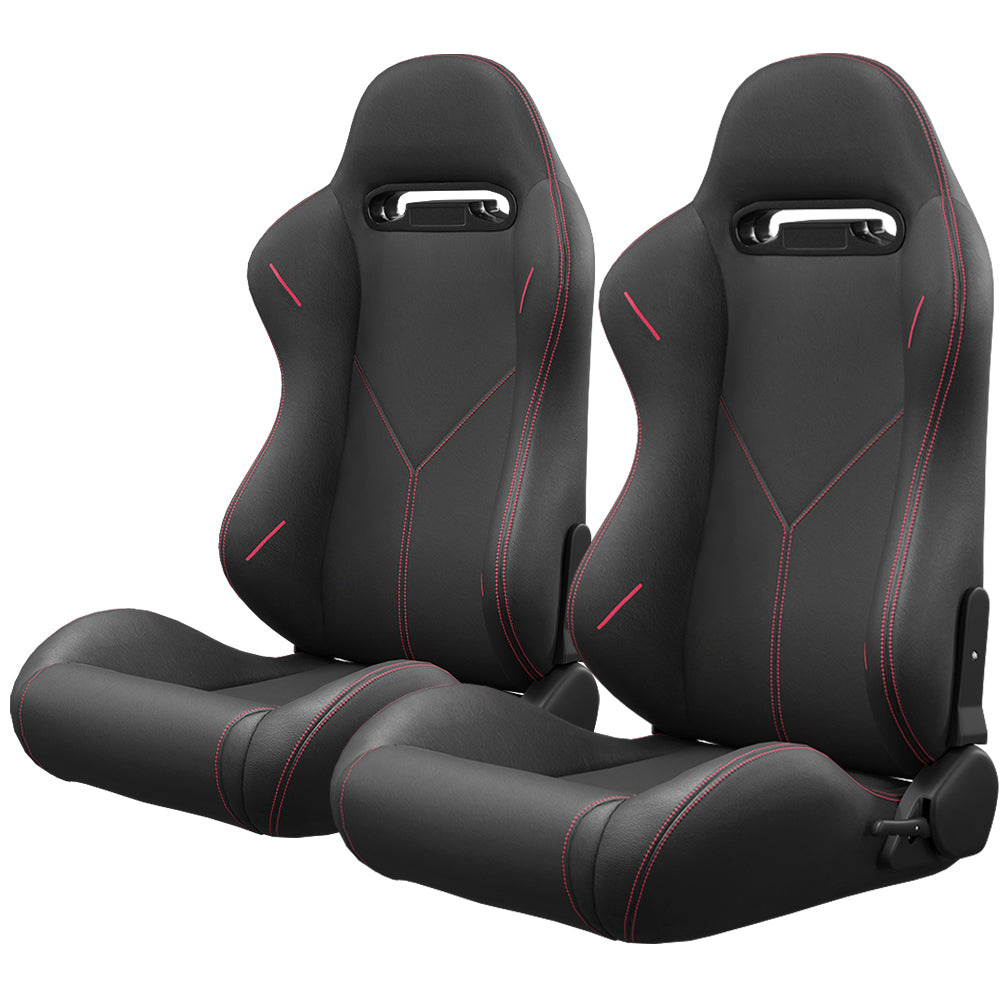 2Pc Universal Bucket Racing Seats Red Stitch Red Pvc Leather Reclinable Carbon Look Leather Back With Adjustor Slider Not Including Seat Bracket 1 Box Of 2 Pieces Black Pvc