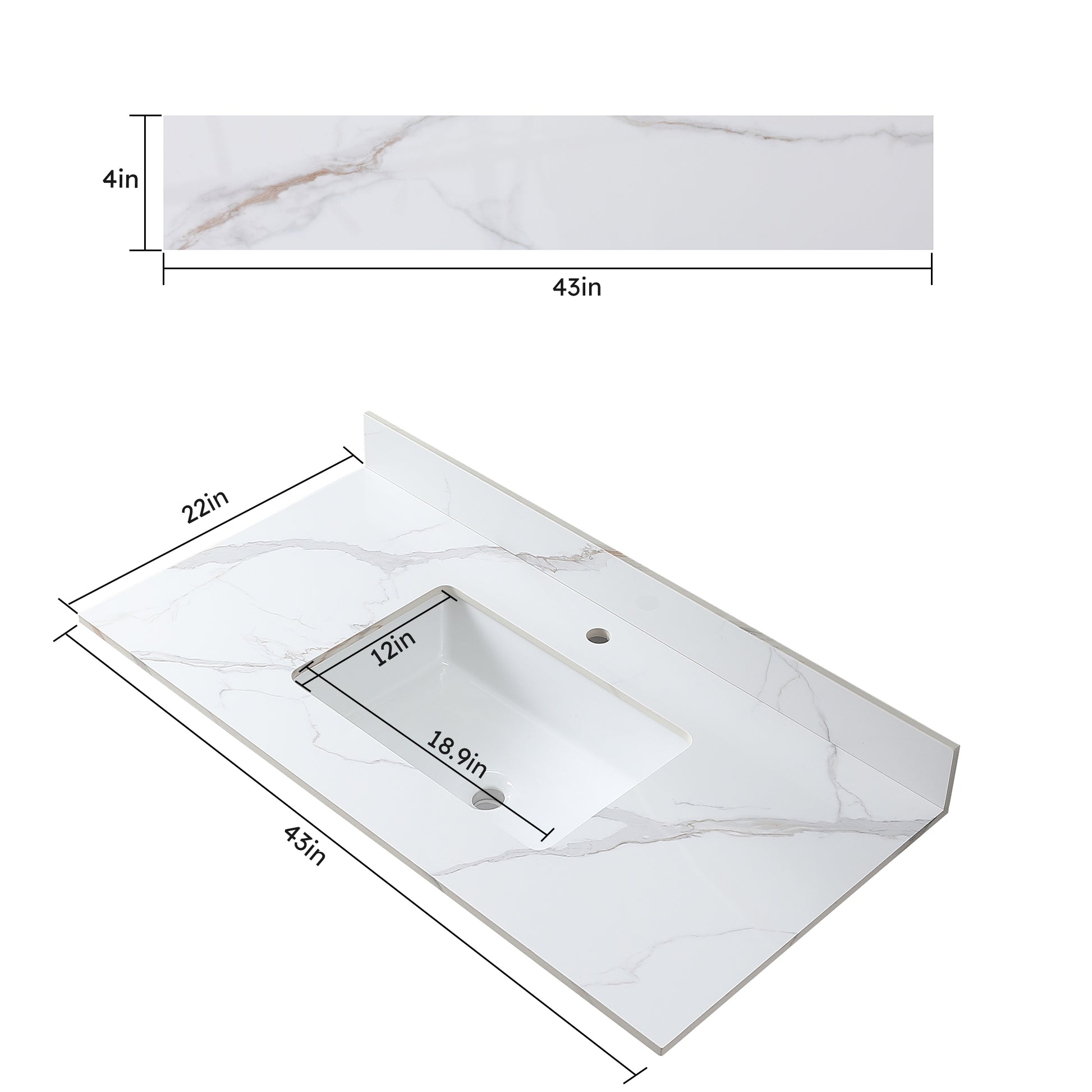 43X 22 Inch Bathroom Stone Vanity Carrara Gold Color Sintered Stone Vanity Top With Single Faucet Hole . White Sintered Stone