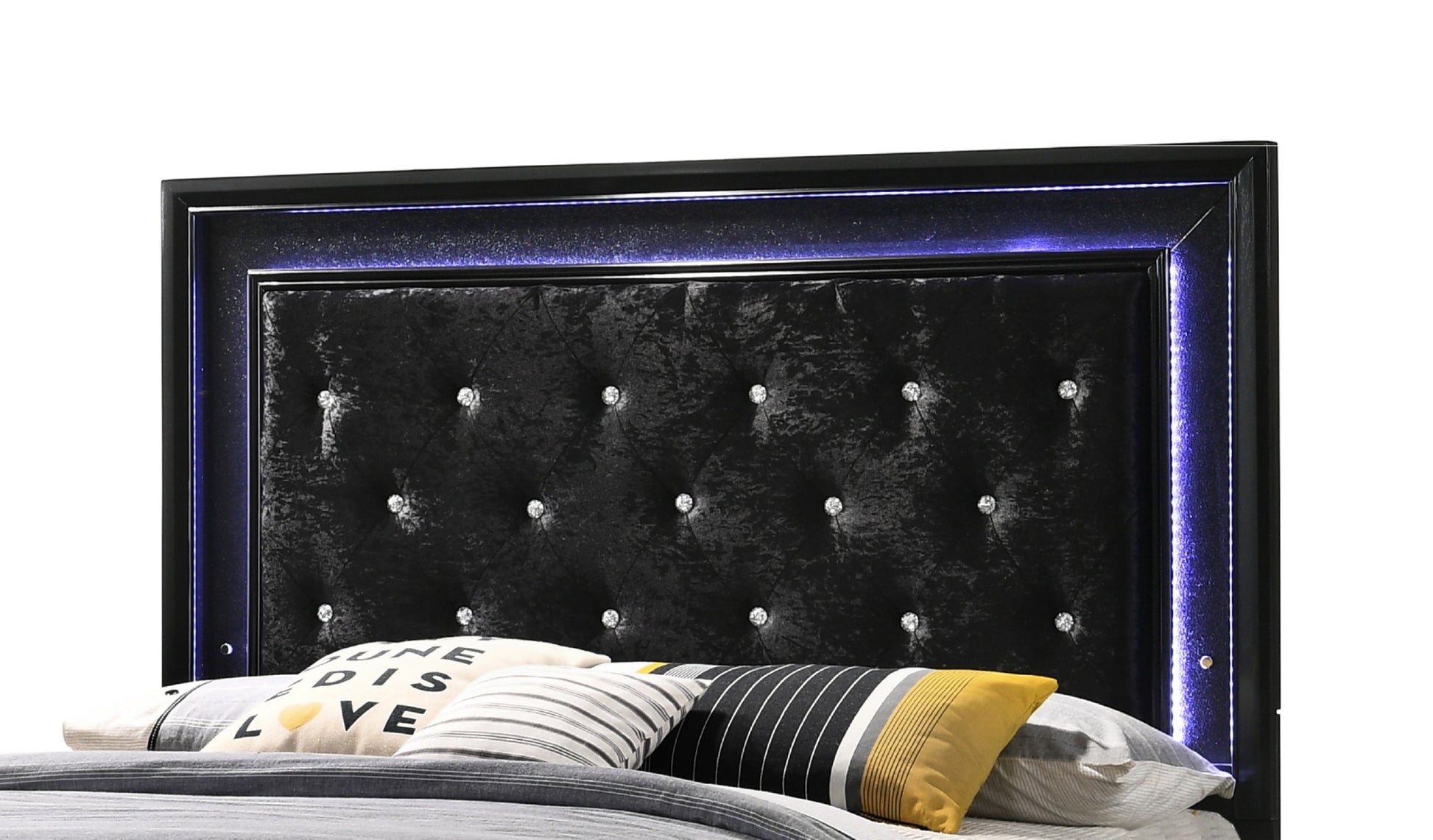 Modern Black Finish Upholstered 1Pc Full Size Led Panel Bed Faux Diamond Tufted Bedroom Furniture Black Solid Wood