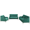 Modern Three Piece Sofa Set With Metal Legs, Buttoned Tufted Backrest, Frosted Velvet Upholstered Sofa Set Including Three Seater Sofa, Double Seater And Living Room Furniture Set Single Chair Green Foam Polyester