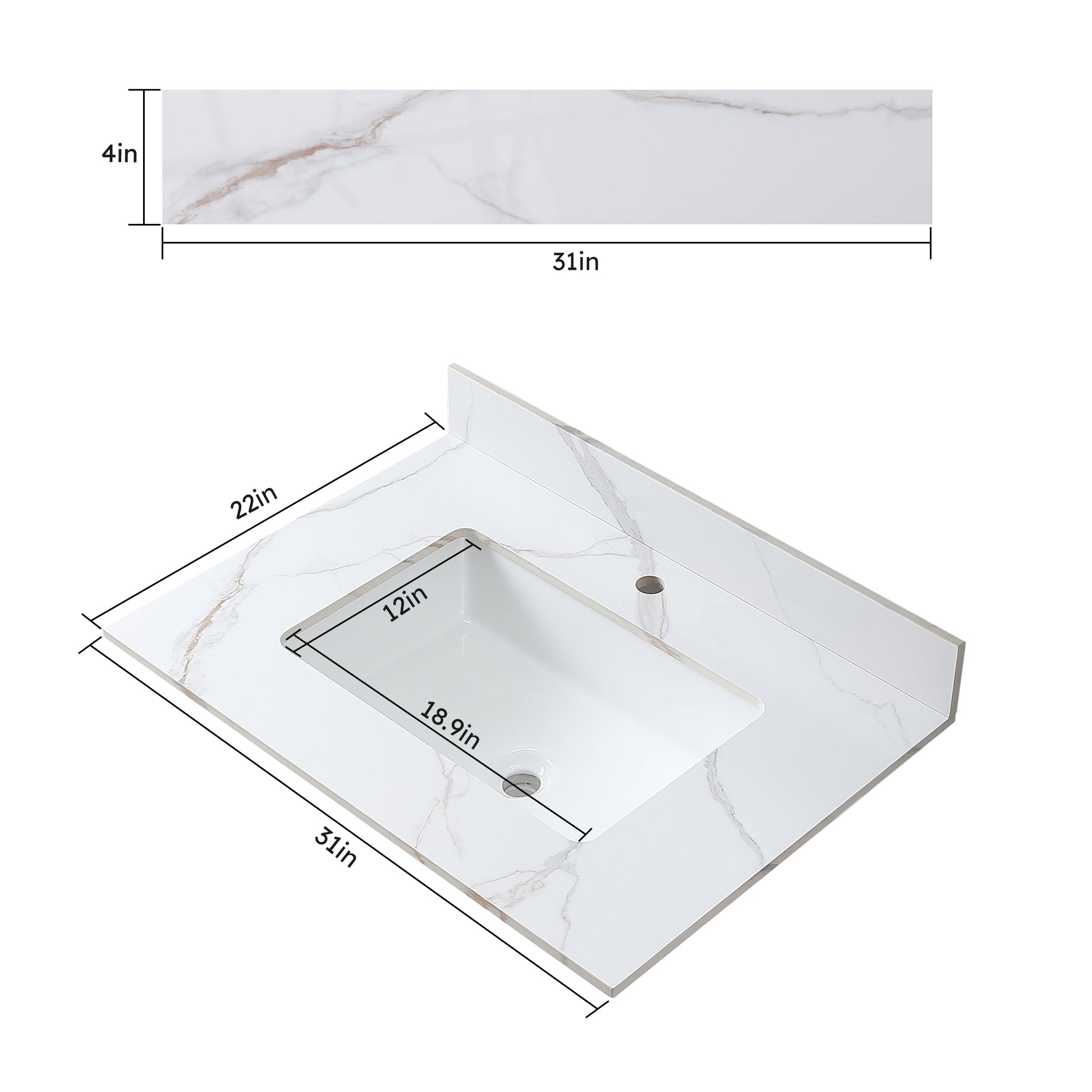 31Inch Bathroom Stone Vanity Top Carrara Gold Color With Undermount Ceramic Sink And Single Faucet Hole With Backsplash White Sintered Stone