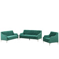 Modern Three Piece Sofa Set With Metal Legs, Buttoned Tufted Backrest, Frosted Velvet Upholstered Sofa Set Including Three Seater Sofa, Double Seater And Living Room Furniture Set Single Chair Green Foam Polyester