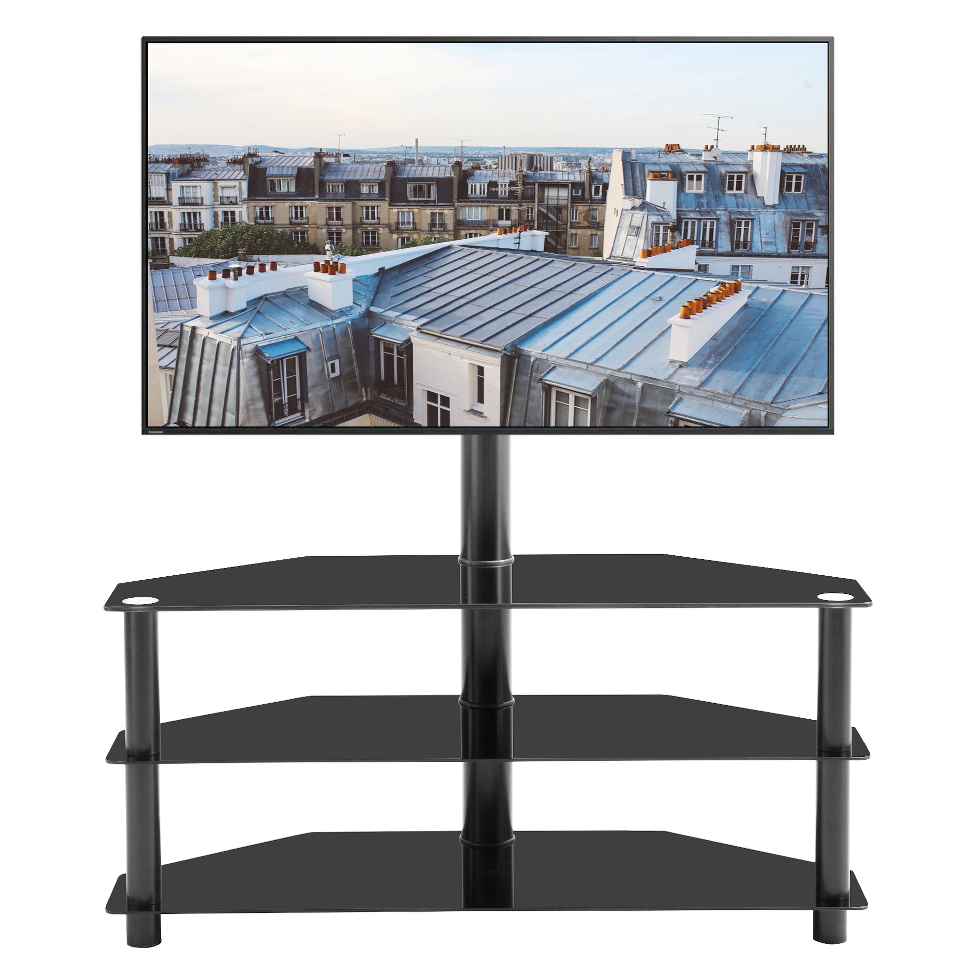 35.4 Inch Black Multi Function Tv Stand Height Adjustable Bracket Swivel 3 Tier Black Glass