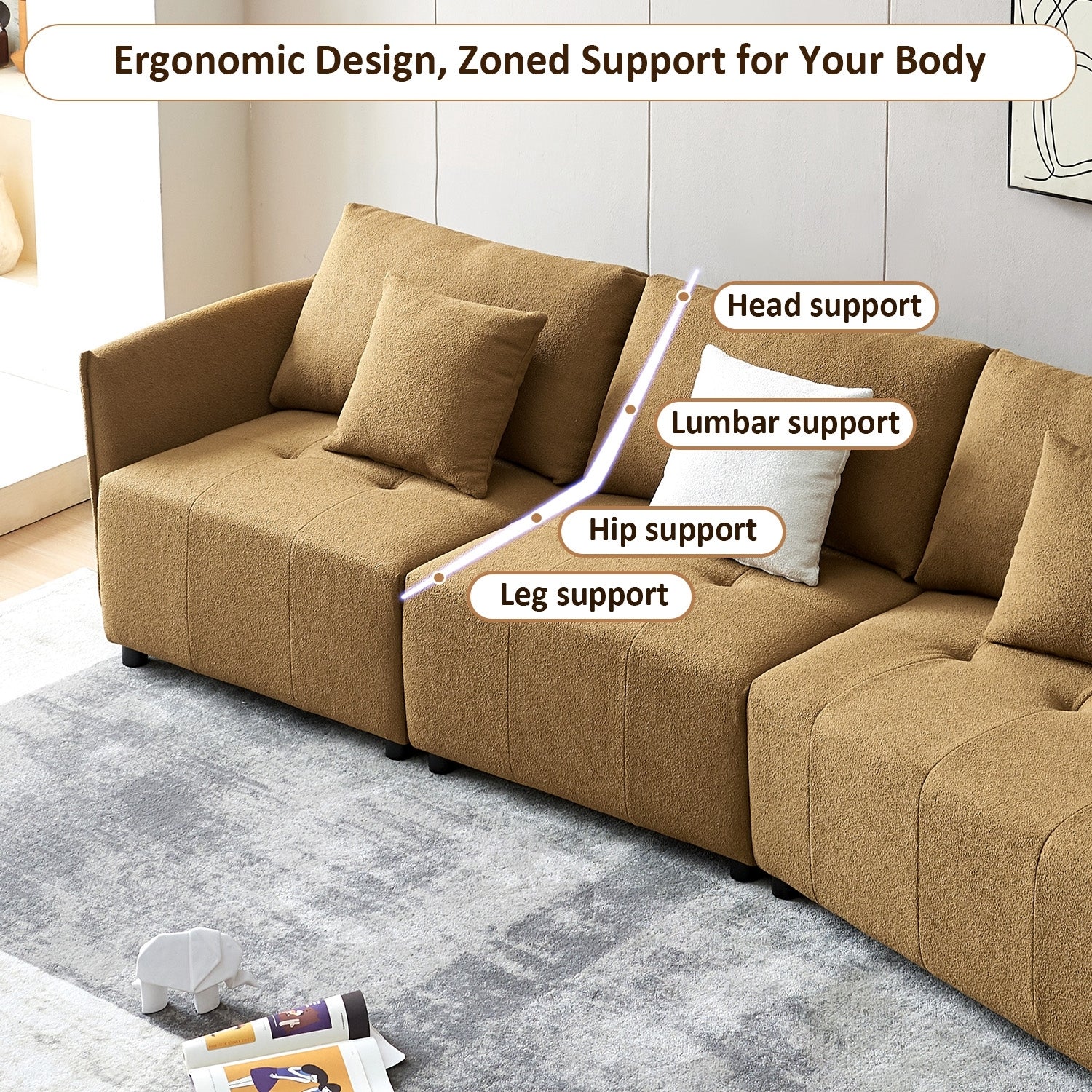 120'' Teddy Fabric Sofa, Modern Modular Sectional Couch, Button Tufted Seat Cushion For Living Room, Apartment & Office. Dark Yellow Dark Yellow Foam Fabric