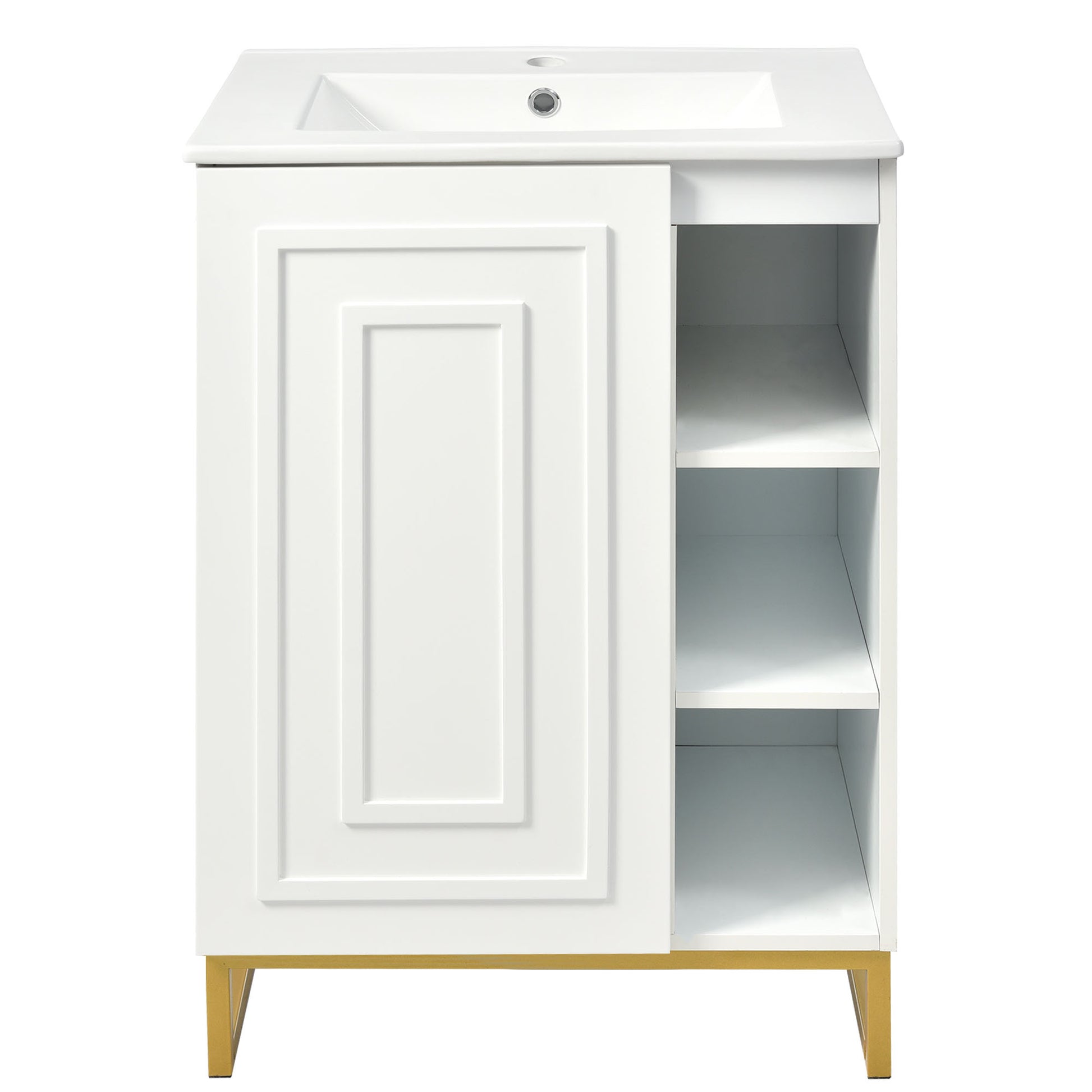 24Inch White Bathroom Vanity Sink Combo For Small Space, Modern Design With Ceramic Basin, Gold Legs And Semi Open Storage Faucet Not Included White Mdf