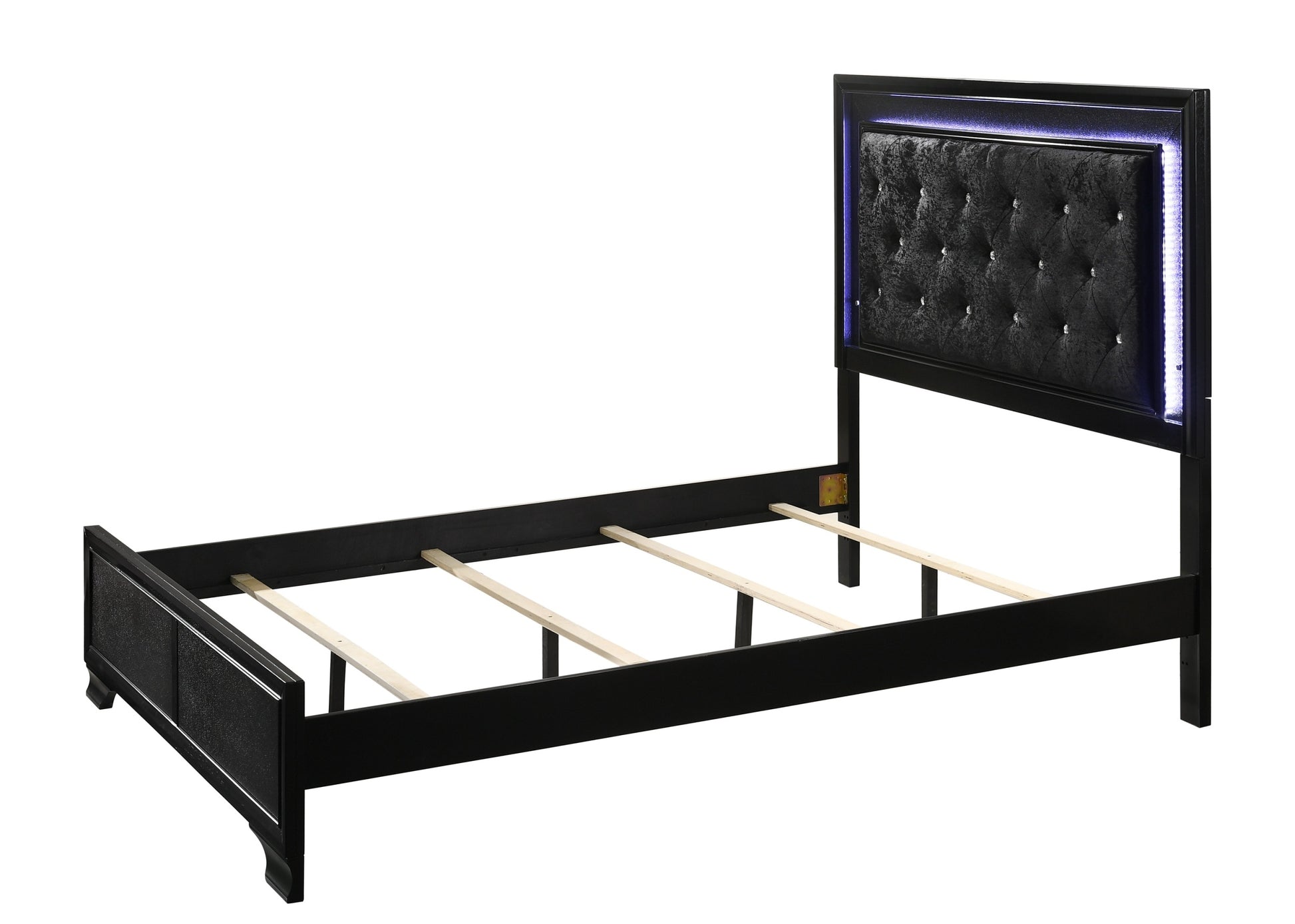 Modern Black Finish Upholstered 1Pc Queen Size Led Panel Bed Faux Diamond Tufted Bedroom Furniture Black Solid Wood