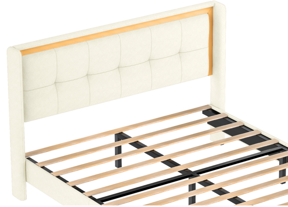Queen Size Upholstered Bed With Headboard, Sturdy Wooden Slats, High Load Bearing Capacity, Non Slip And Noiseless, No Springs, Easy To Assemble, Beige White Wood