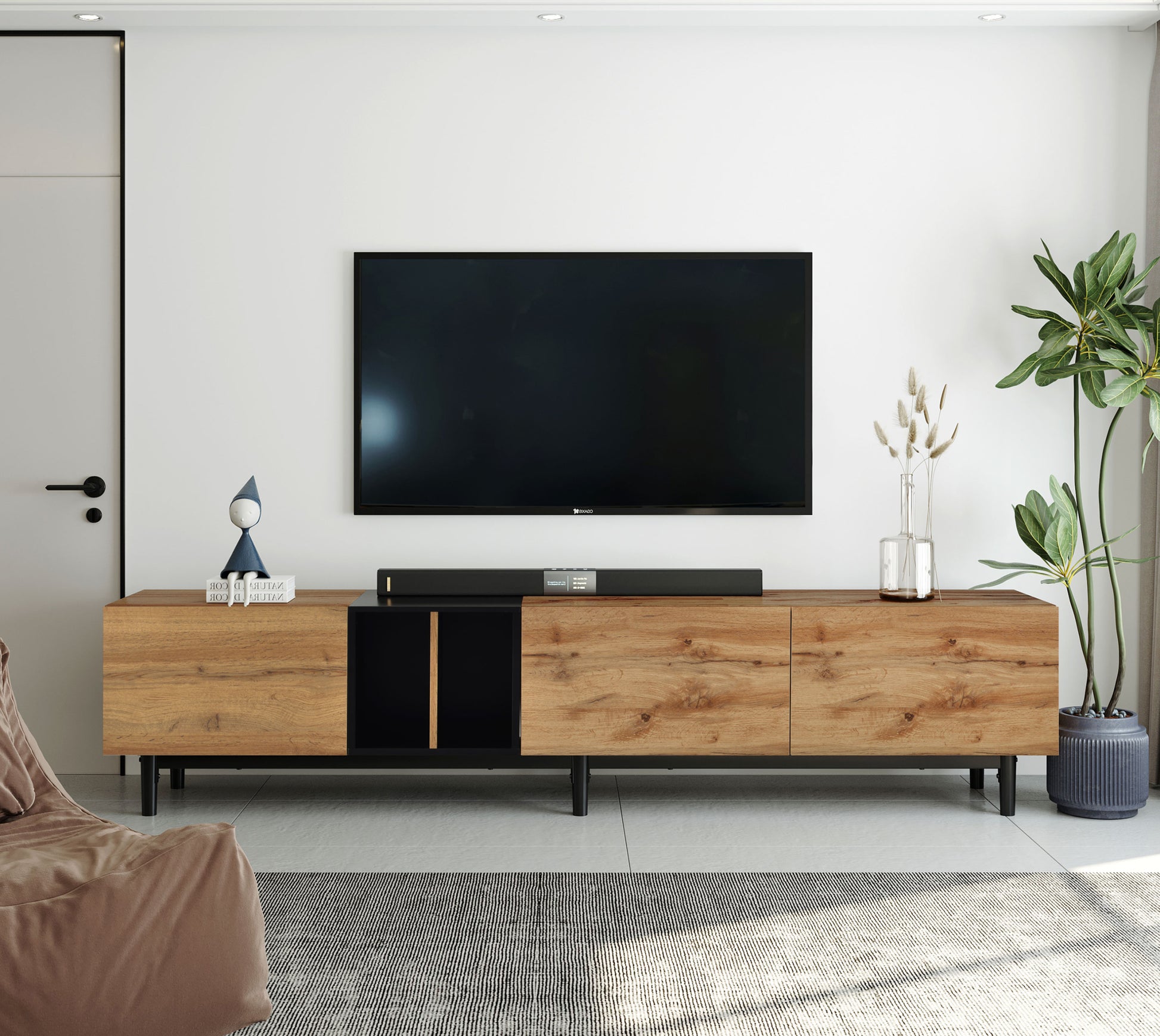 Modern Tv Stand For 80'' Tv With 3 Doors, Media Console Table, Entertainment Center With Large Storage Cabinet For Living Room, Bedroom Natural Wood Mdf