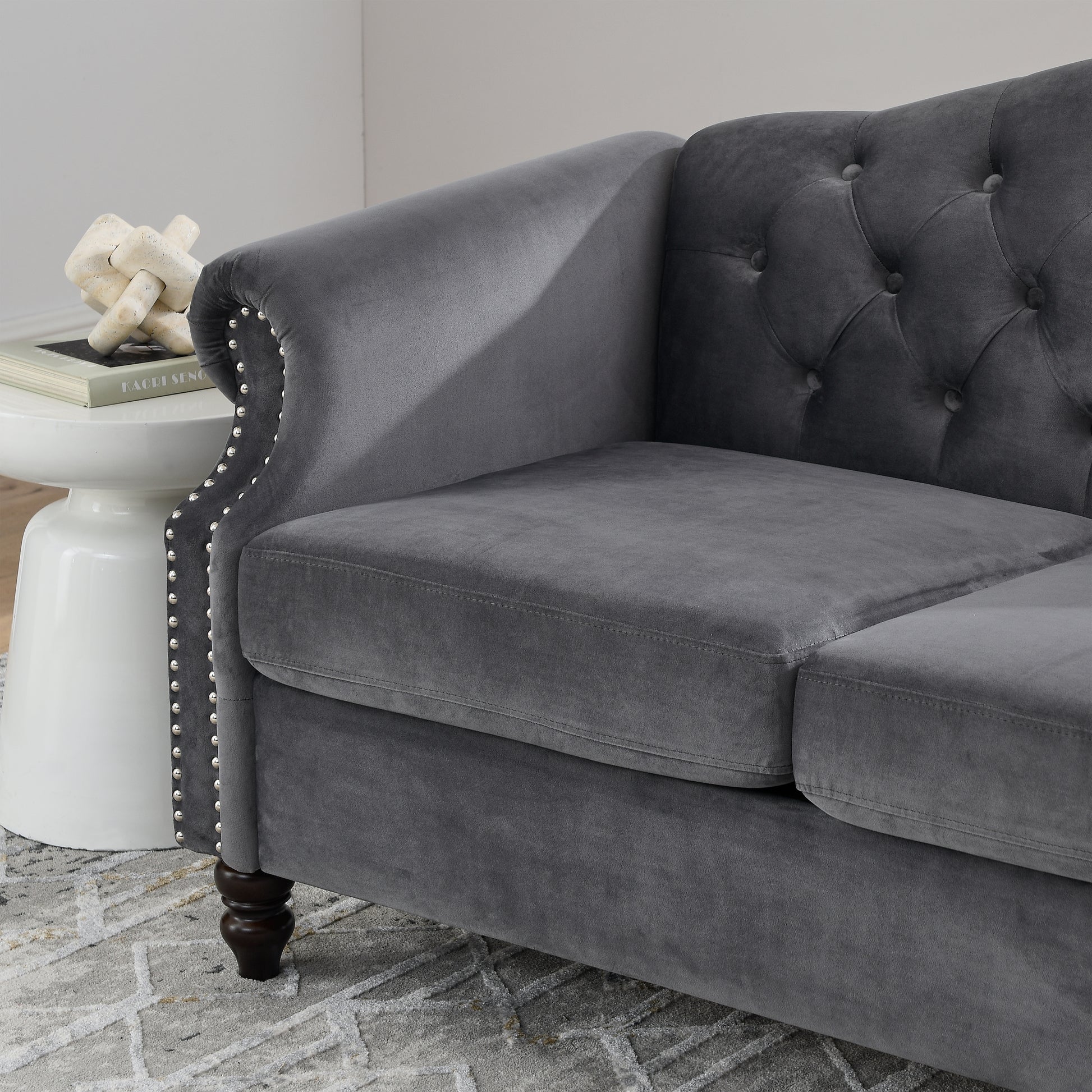 57" Chesterfield Sofa Grey Velvet For Living Room, 2 Seater Sofa Tufted Couch With Rolled Arms And For Living Room, Bedroom, Office, Apartment, Two Pillowsw834S00073 Grey Foam Velvet