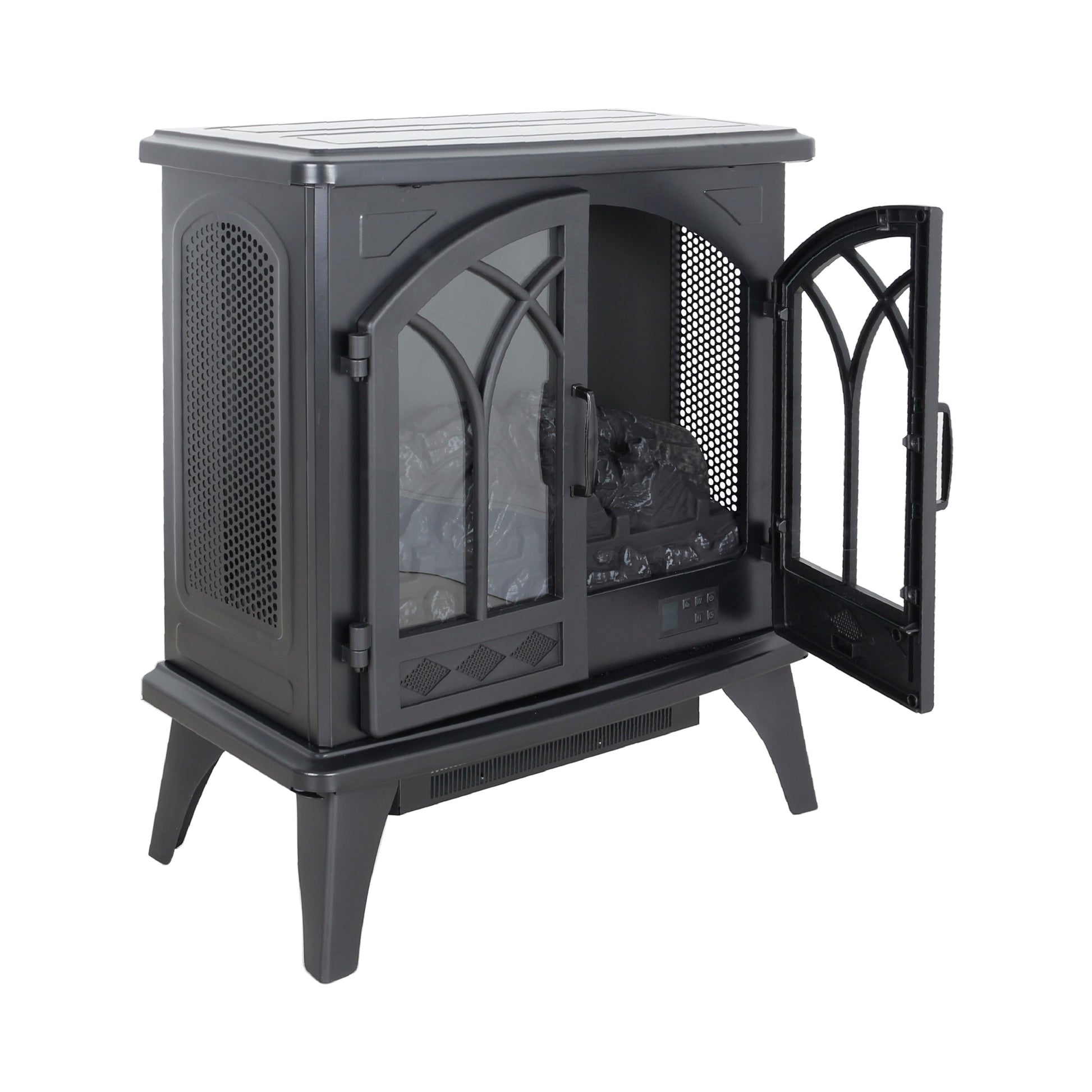 24 Inch 3D Flame Electric Infrared Quartz Fireplace Stove With Remote Control Powder Coated Electric Yes Antique Black Vent Free Yes Freestanding Tempered Glass Sheet Metal Electric
