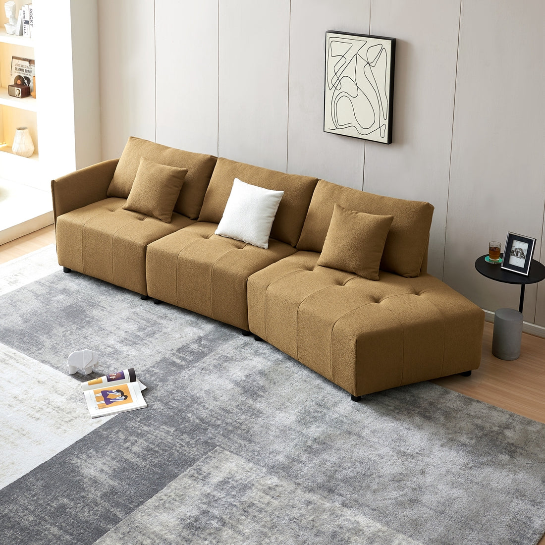 120'' Teddy Fabric Sofa, Modern Modular Sectional Couch, Button Tufted Seat Cushion For Living Room, Apartment & Office. Dark Yellow Dark Yellow Foam Fabric
