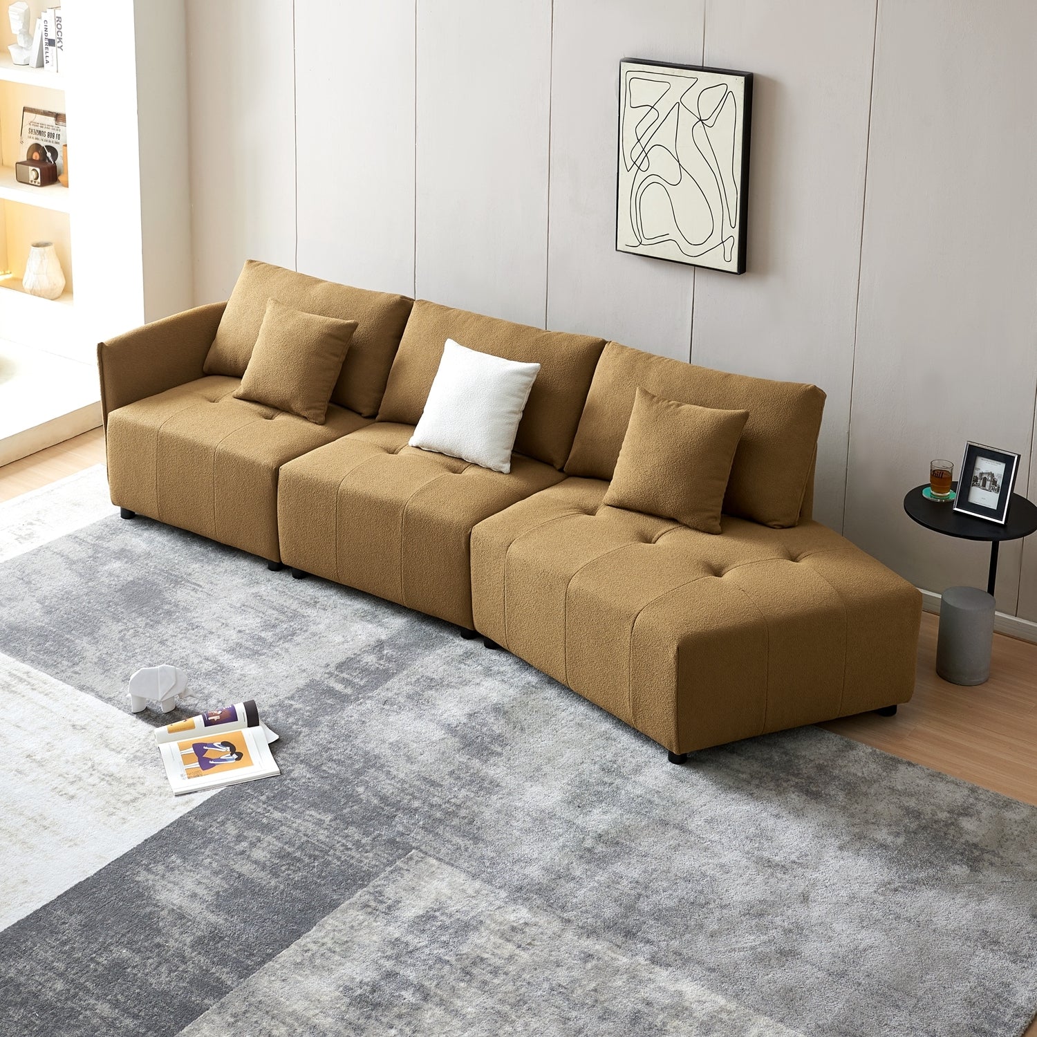 120'' Teddy Fabric Sofa, Modern Modular Sectional Couch, Button Tufted Seat Cushion For Living Room, Apartment & Office. Dark Yellow Dark Yellow Foam Fabric