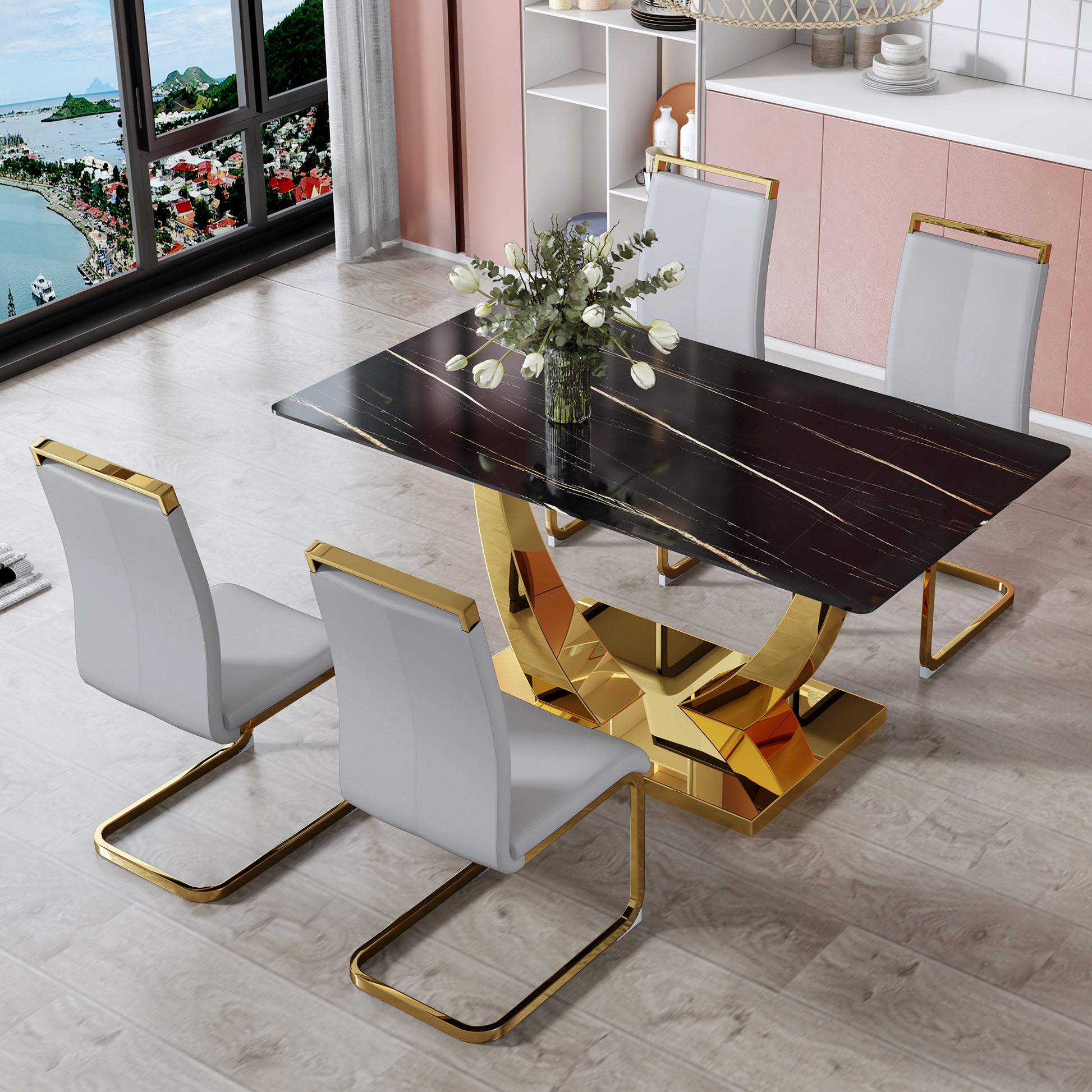 Modern Minimalist Rectangular Glass Dining Table, 0.4 "Thick, Black Sticker Glass Tabletop, Gold Plated Metal Legs. Used In Kitchens, Restaurants, And Living Rooms 63"*35.4"*30" F 1548 Black Gold