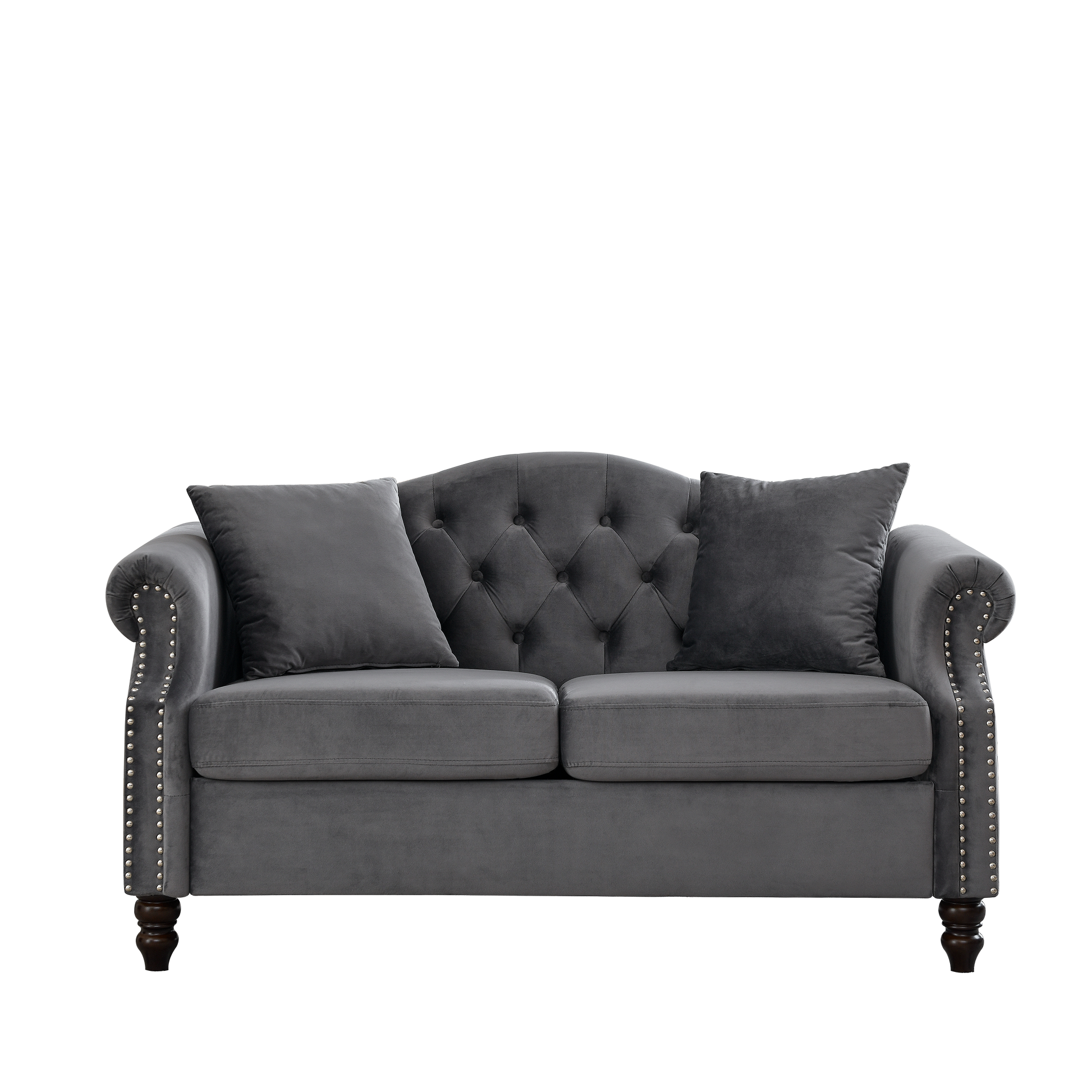57" Chesterfield Sofa Grey Velvet For Living Room, 2 Seater Sofa Tufted Couch With Rolled Arms And For Living Room, Bedroom, Office, Apartment, Two Pillowsw834S00073 Grey Foam Velvet