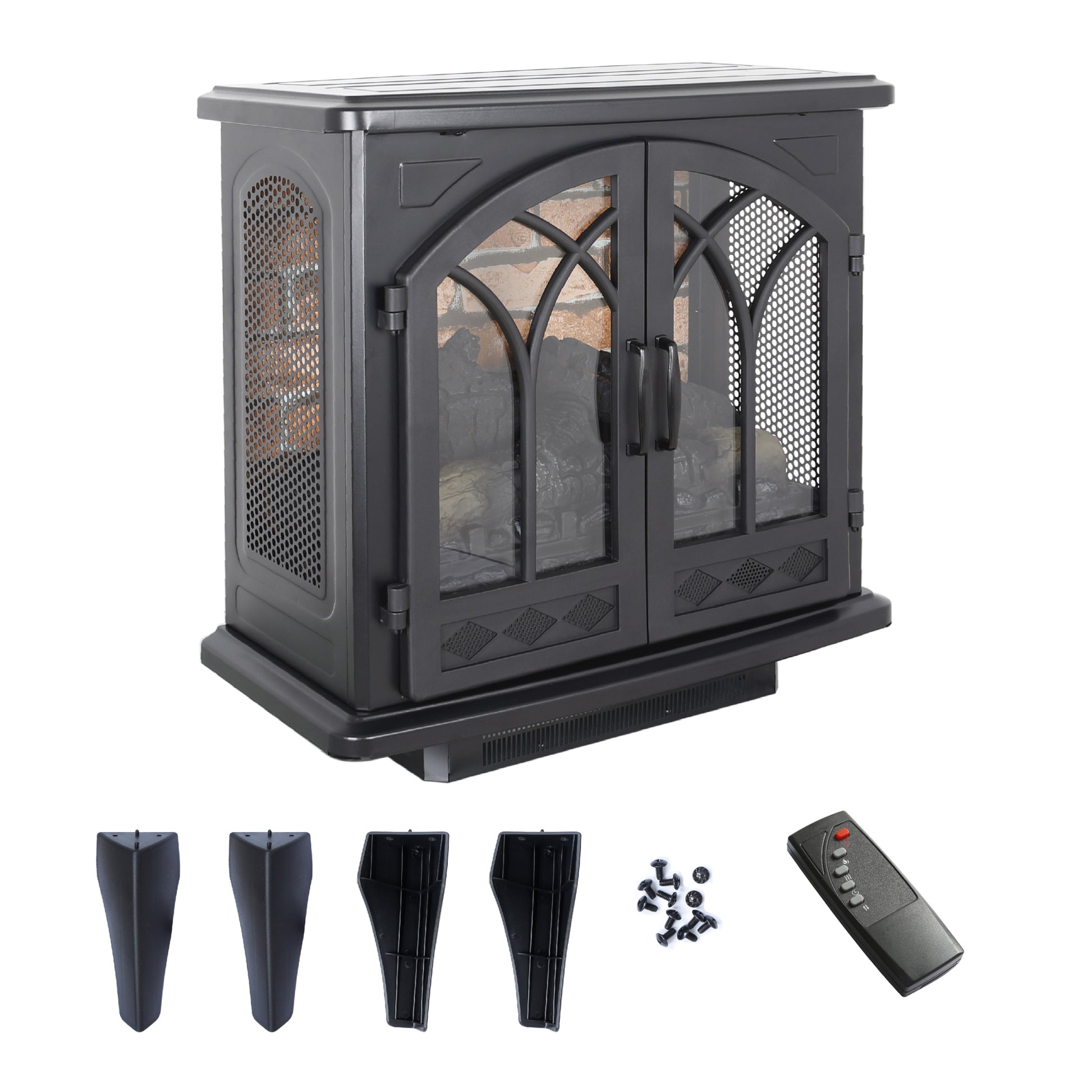 24 Inch 3D Flame Electric Infrared Quartz Fireplace Stove With Remote Control Powder Coated Electric Yes Antique Black Vent Free Yes Freestanding Tempered Glass Sheet Metal Electric