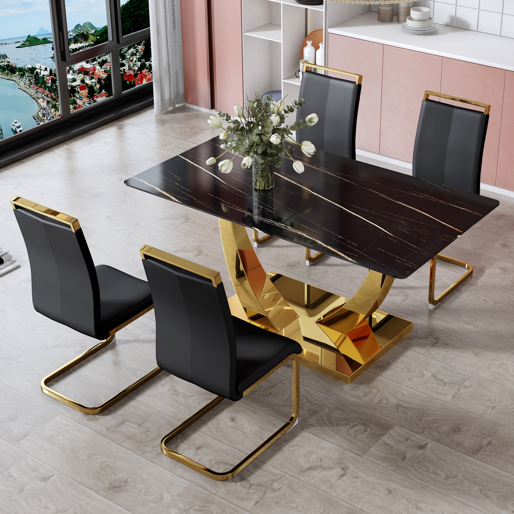 Modern Minimalist Rectangular Glass Dining Table, 0.4 "Thick, Black Sticker Glass Tabletop, Gold Plated Metal Legs. Used In Kitchens, Restaurants, And Living Rooms 63"*35.4"*30" F 1548 Black Gold