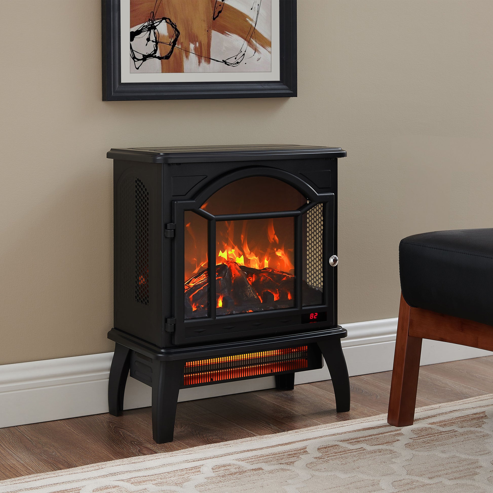 18 Inch 3D Flame Electric Infrared Quartz Fireplace Stove With Remote Control Powder Coated Electric Yes Antique Black Vent Free Yes Freestanding Tempered Glass Sheet Metal Electric