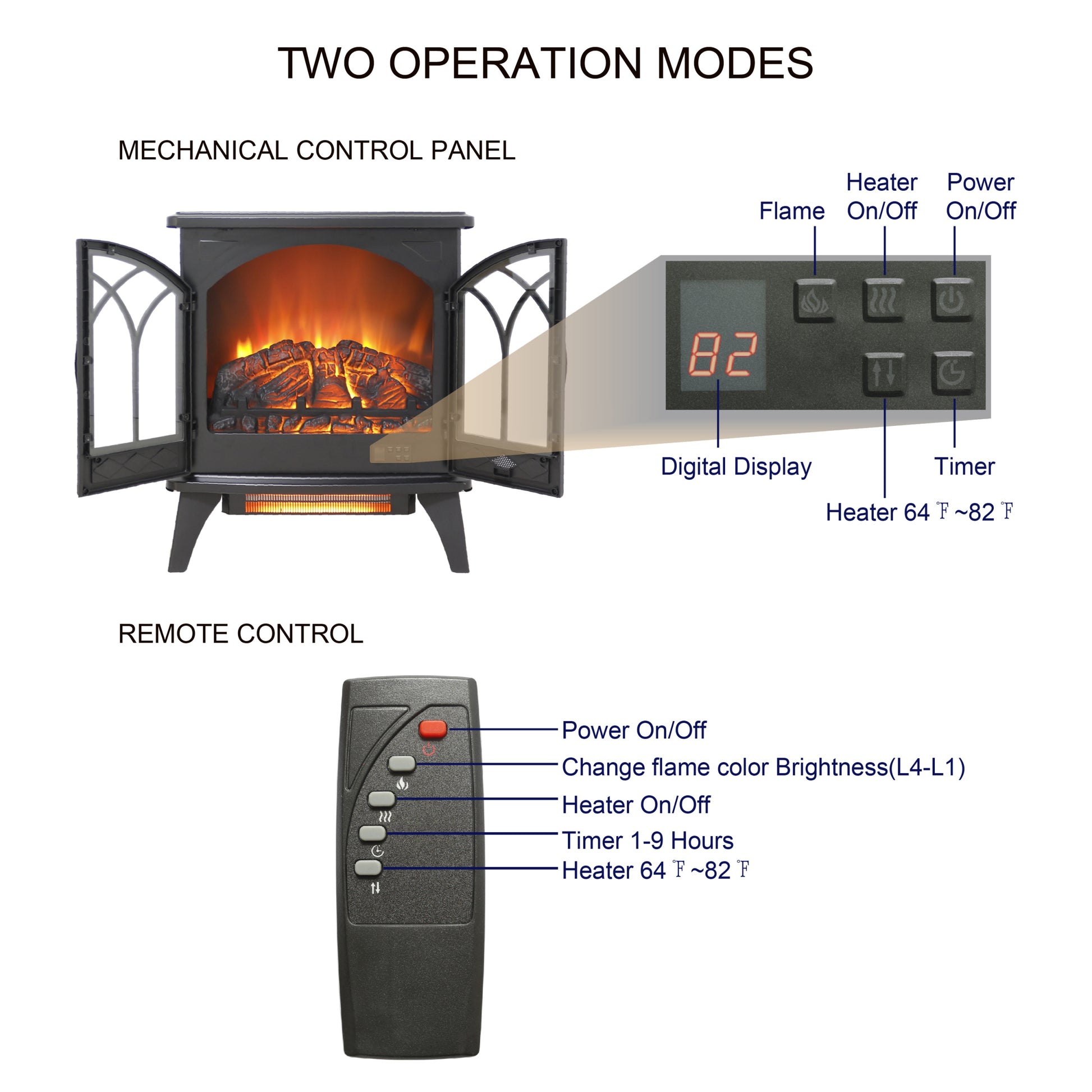 24 Inch 3D Flame Electric Infrared Quartz Fireplace Stove With Remote Control Powder Coated Electric Yes Antique Black Vent Free Yes Freestanding Tempered Glass Sheet Metal Electric