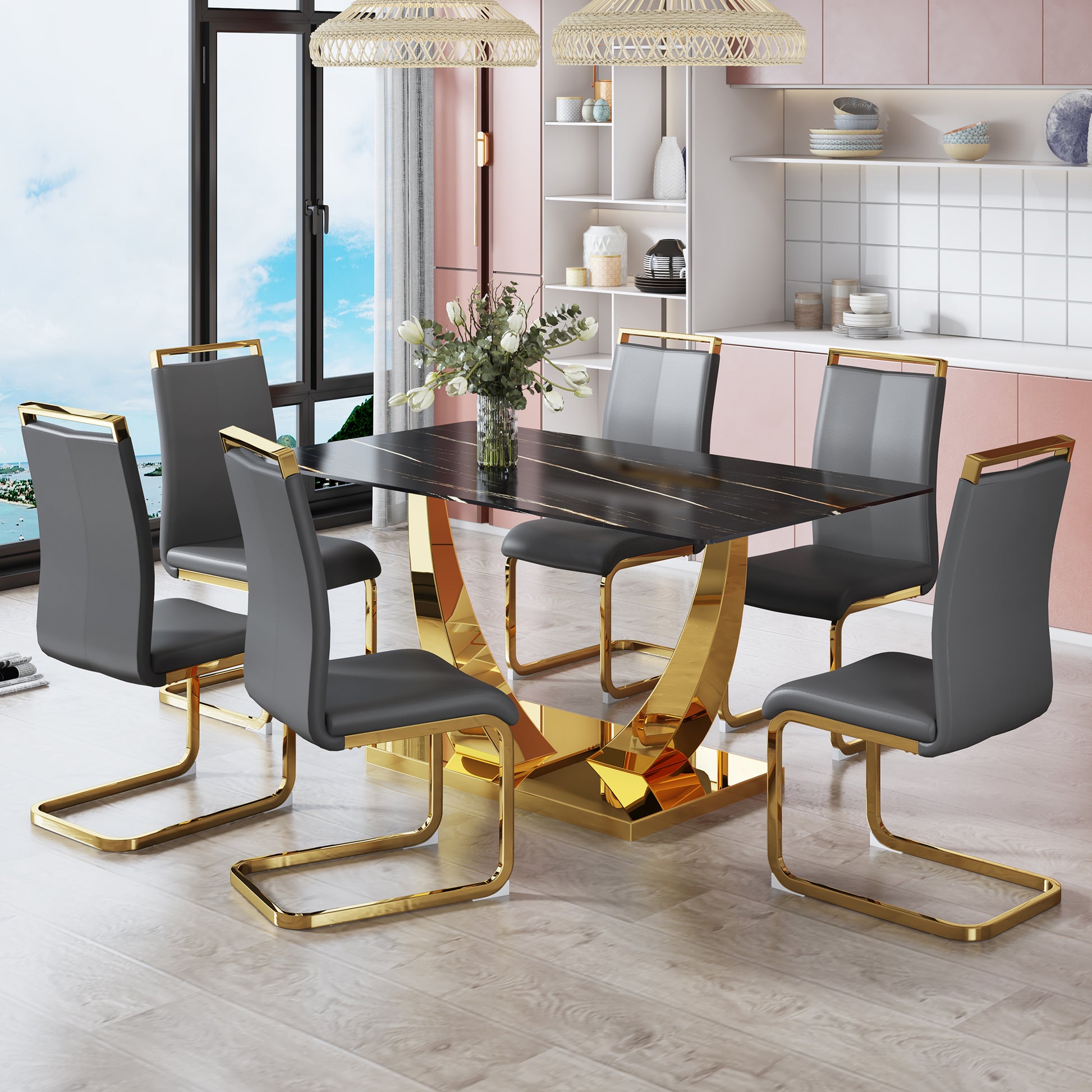 Modern Minimalist Rectangular Glass Dining Table, 0.4 "Thick, Black Sticker Glass Tabletop, Gold Plated Metal Legs. Used In Kitchens, Restaurants, And Living Rooms 63"*35.4"*30" F 1548 Black Gold