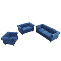 Modern Three Piece Sofa Set With Solid Wood Legs, Button Down Tufted Backrest, Dutch Velvet Upholstered Sofa Set Including Three Seater Sofa, Two Seater And Living Room Furniture Set Single Chair Blue Foam Polyester