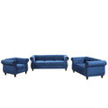 Modern Three Piece Sofa Set With Solid Wood Legs, Button Down Tufted Backrest, Dutch Velvet Upholstered Sofa Set Including Three Seater Sofa, Two Seater And Living Room Furniture Set Single Chair Blue Foam Polyester