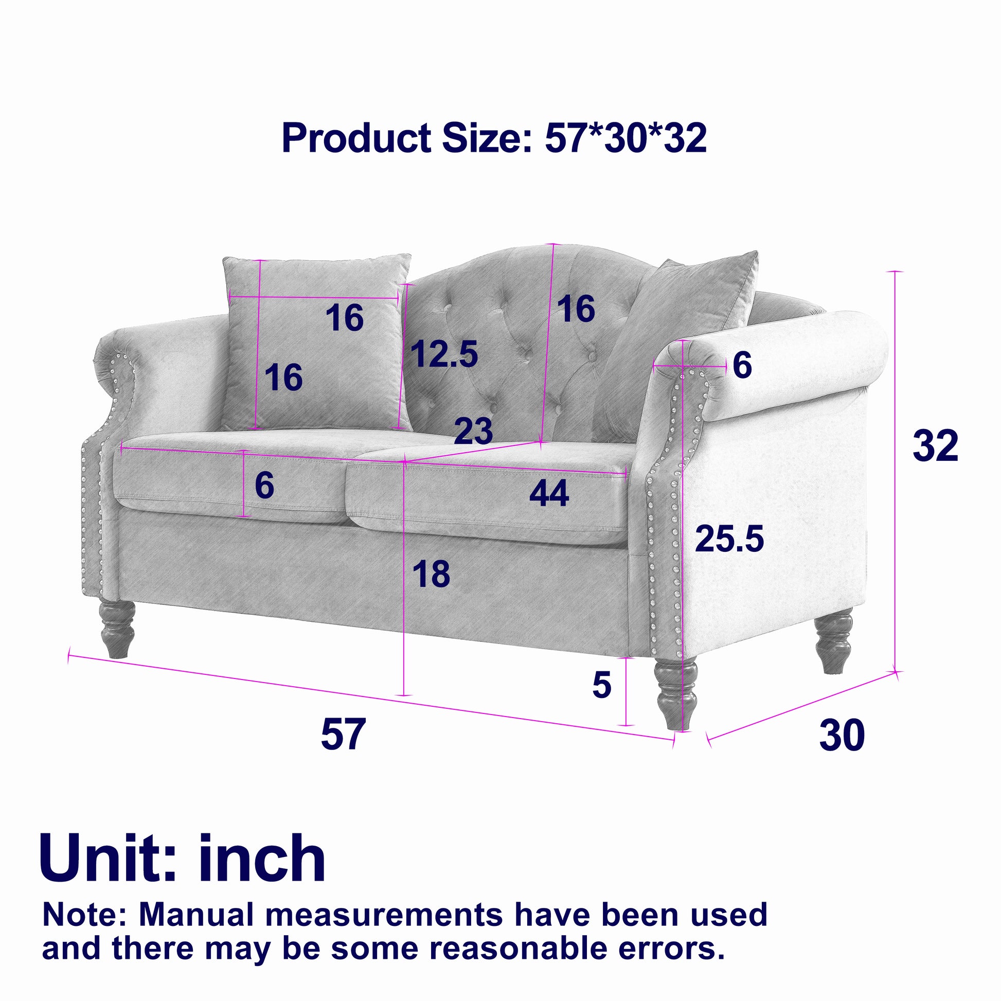 57" Chesterfield Sofa Grey Velvet For Living Room, 2 Seater Sofa Tufted Couch With Rolled Arms And For Living Room, Bedroom, Office, Apartment, Two Pillowsw834S00073 Grey Foam Velvet