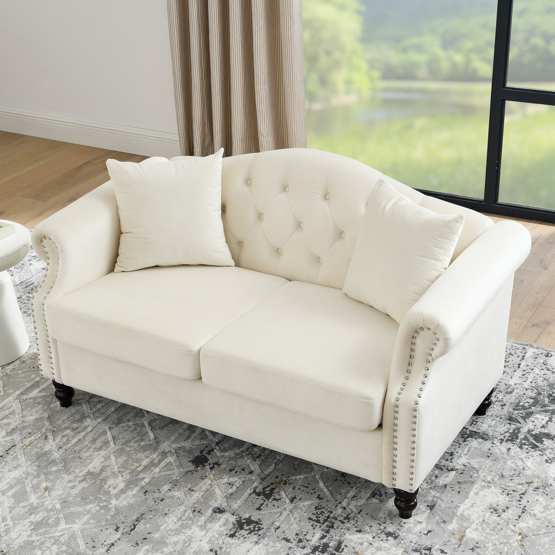 57" Chesterfield Sofa Grey Velvet For Living Room, 2 Seater Sofa Tufted Couch With Rolled Arms And For Living Room, Bedroom, Office, Apartment, Two Pillowsw834S00074 Beige Foam Velvet 2 Seat