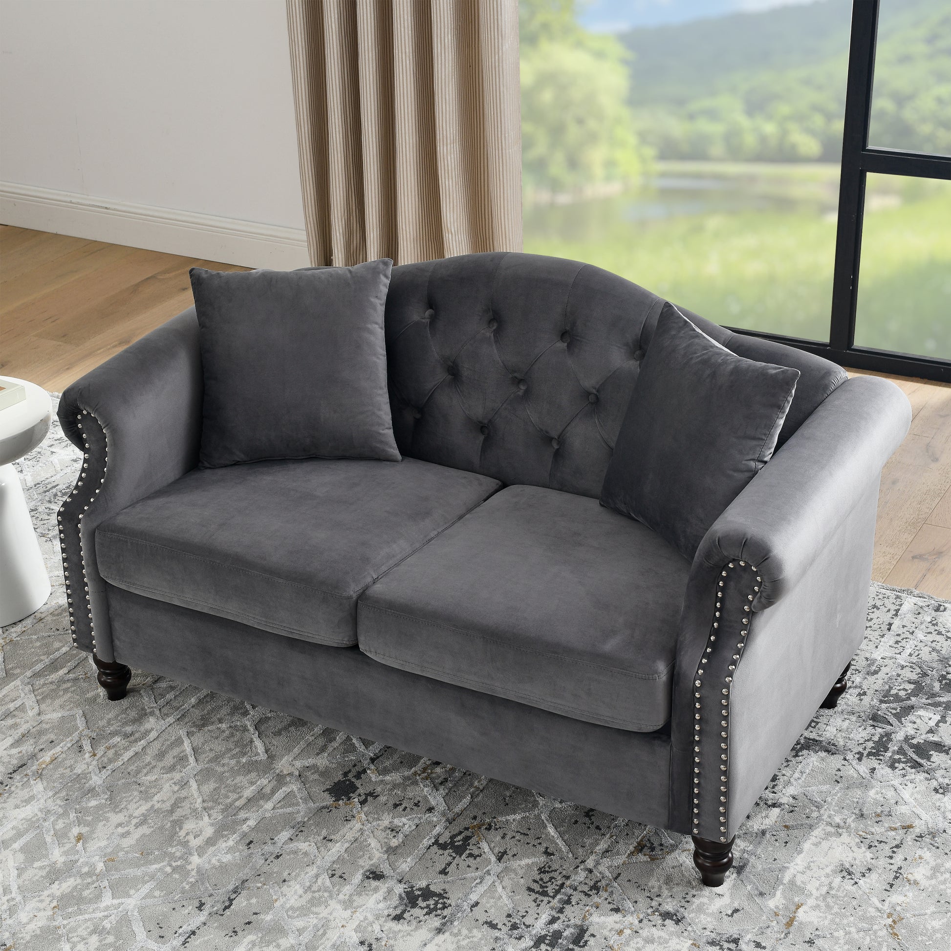 57" Chesterfield Sofa Grey Velvet For Living Room, 2 Seater Sofa Tufted Couch With Rolled Arms And For Living Room, Bedroom, Office, Apartment, Two Pillows Grey Foam Velvet