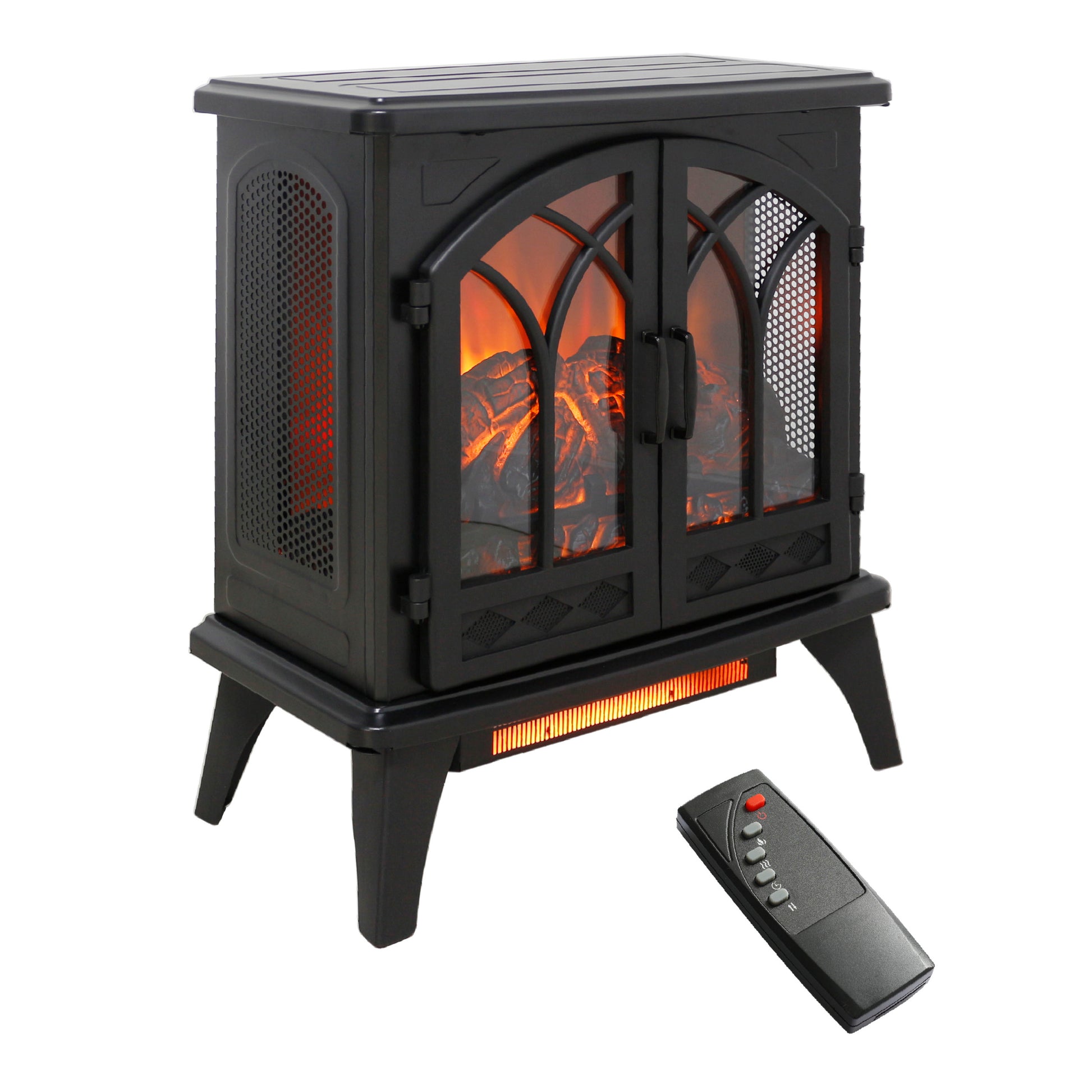 24 Inch 3D Flame Electric Infrared Quartz Fireplace Stove With Remote Control Powder Coated Electric Yes Antique Black Vent Free Yes Freestanding Tempered Glass Sheet Metal Electric
