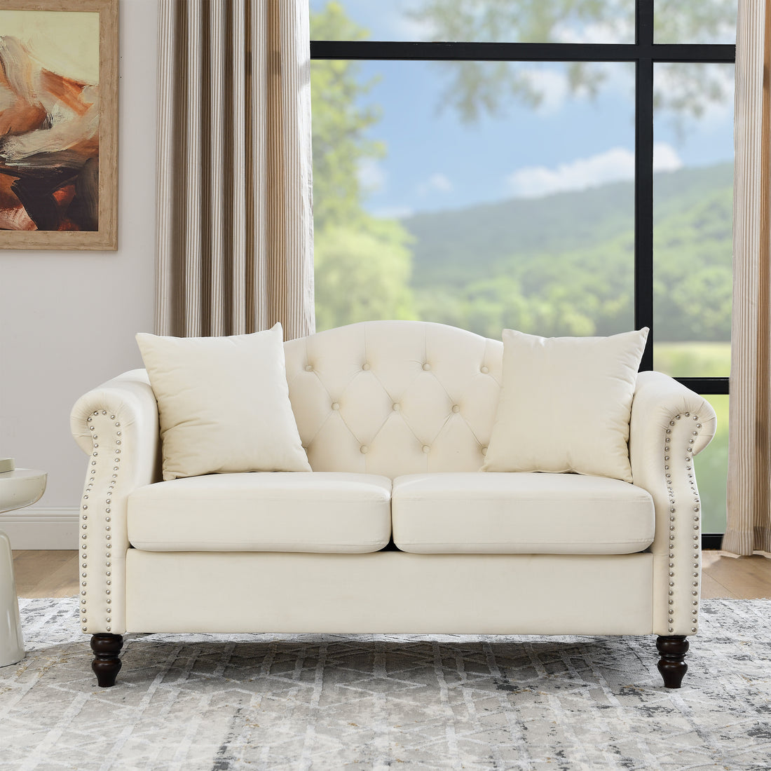 57" Chesterfield Sofa Grey Velvet For Living Room, 2 Seater Sofa Tufted Couch With Rolled Arms And For Living Room, Bedroom, Office, Apartment, Two Pillowsw834S00074 Beige Foam Velvet 2 Seat