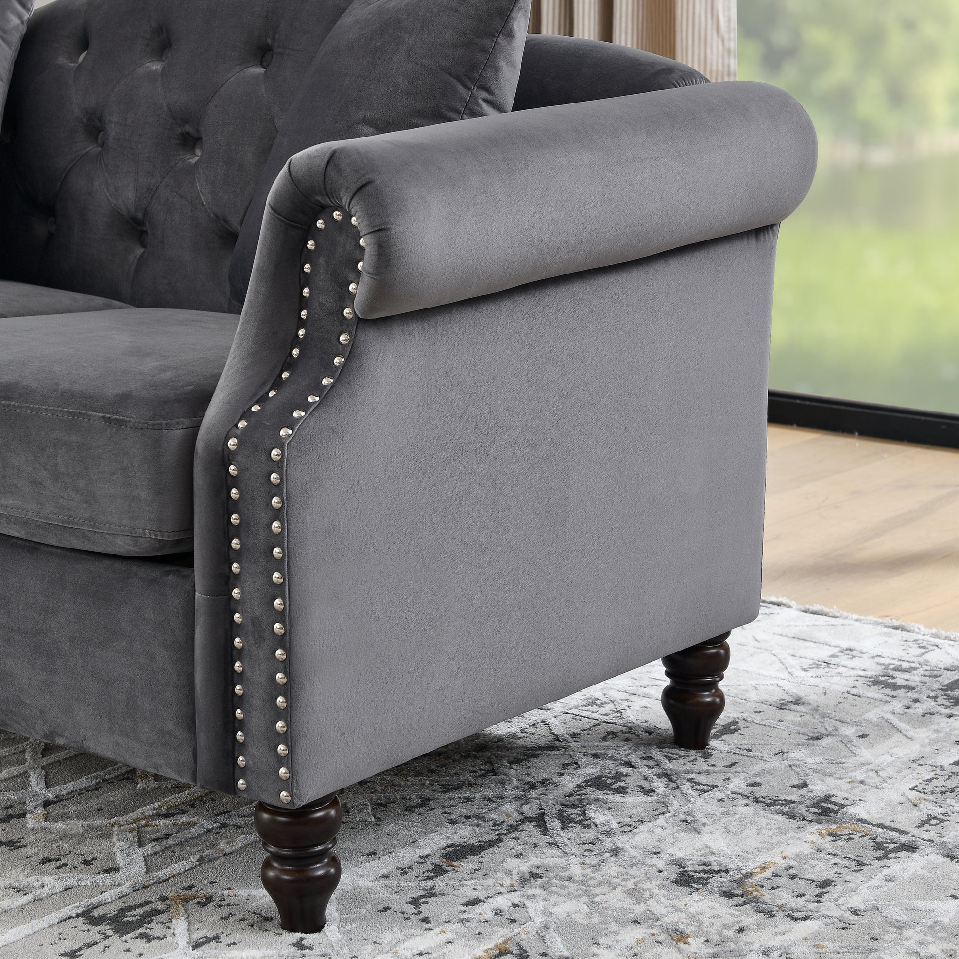 57" Chesterfield Sofa Grey Velvet For Living Room, 2 Seater Sofa Tufted Couch With Rolled Arms And For Living Room, Bedroom, Office, Apartment, Two Pillows Grey Foam Velvet