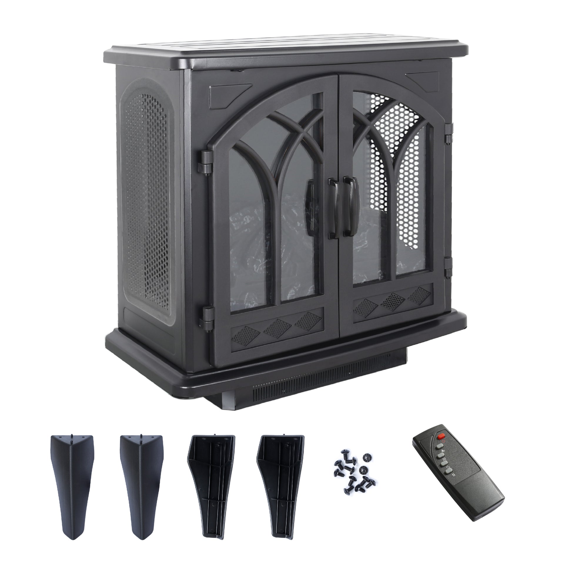 24 Inch 3D Flame Electric Infrared Quartz Fireplace Stove With Remote Control Powder Coated Electric Yes Antique Black Vent Free Yes Freestanding Tempered Glass Sheet Metal Electric