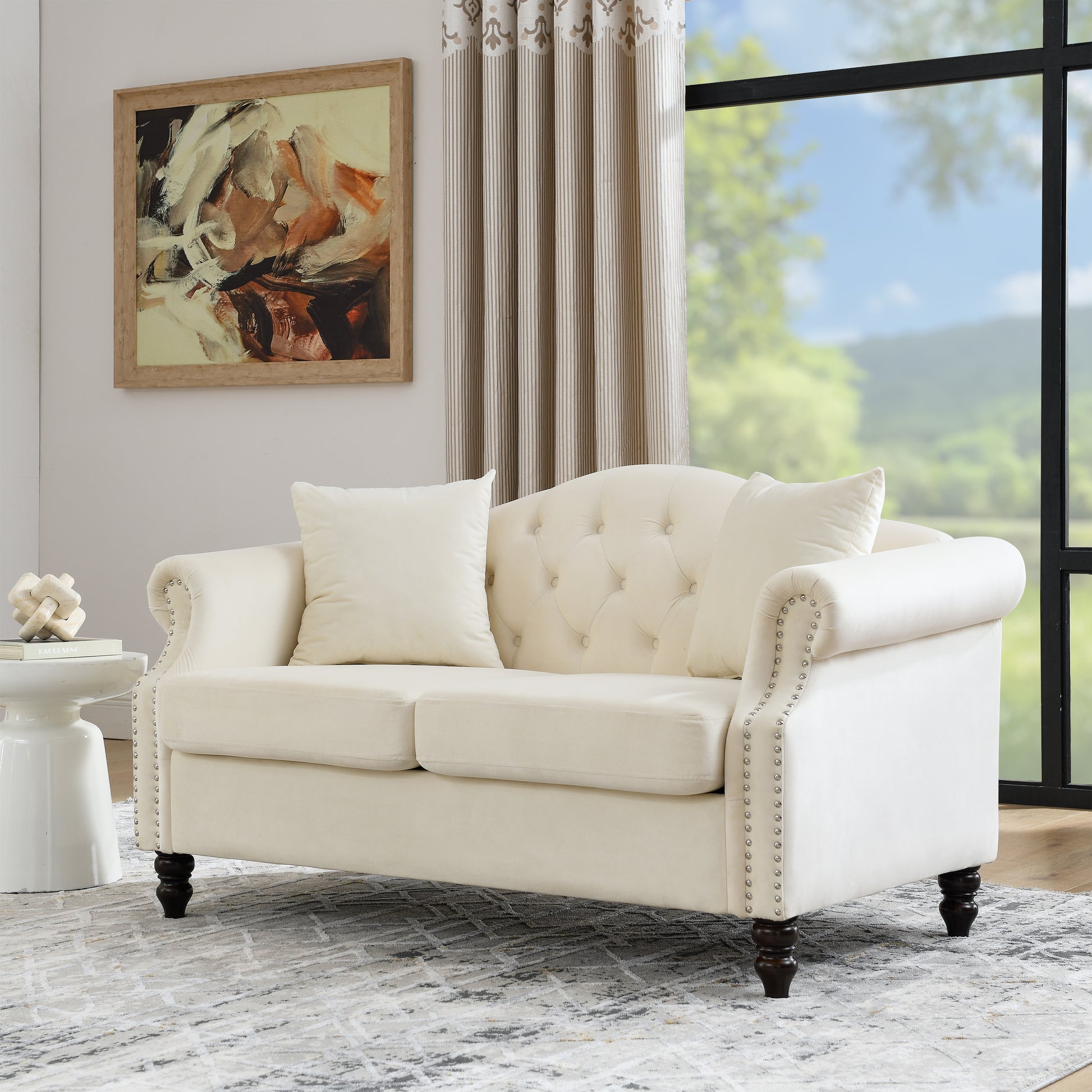 57" Chesterfield Sofa Grey Velvet For Living Room, 2 Seater Sofa Tufted Couch With Rolled Arms And For Living Room, Bedroom, Office, Apartment, Two Pillowsw834S00074 Beige Foam Velvet 2 Seat