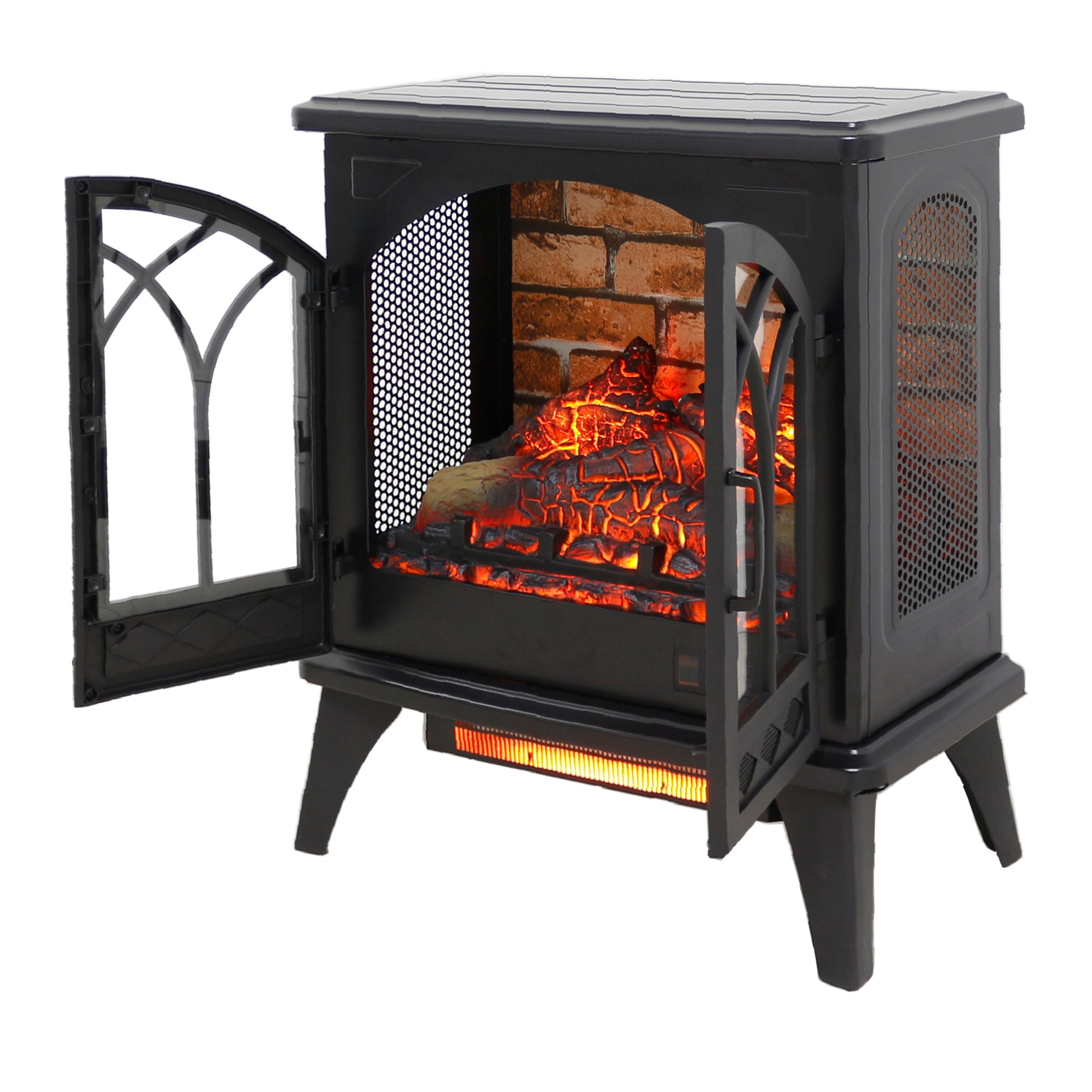 24 Inch 3D Flame Electric Infrared Quartz Fireplace Stove With Remote Control Powder Coated Electric Yes Antique Black Vent Free Yes Freestanding Tempered Glass Sheet Metal Electric