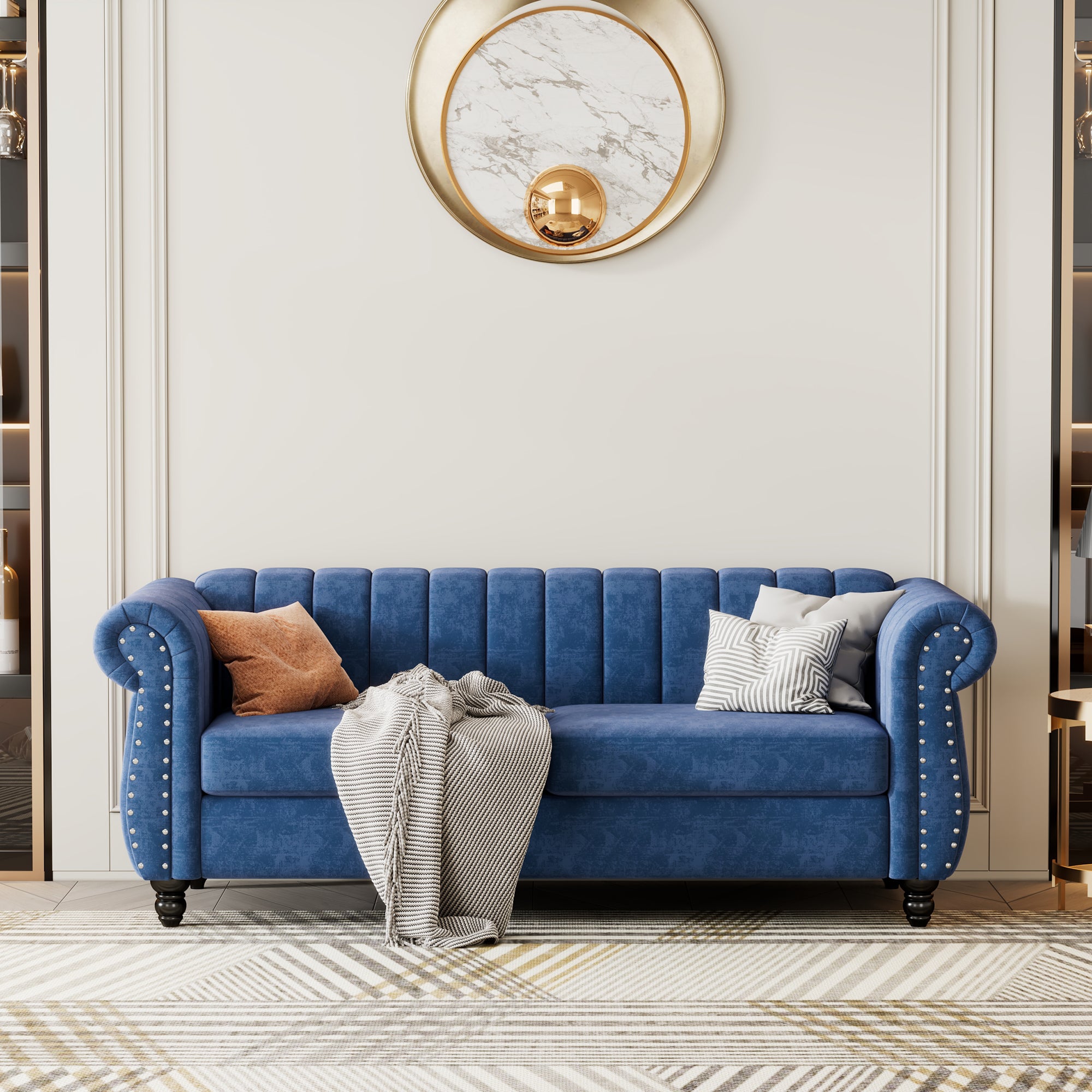 82.5" Modern Sofa Dutch Fluff Upholstered Sofa With Solid Wood Legs, Buttoned Tufted Backrest,Blue Blue Foam Polyester