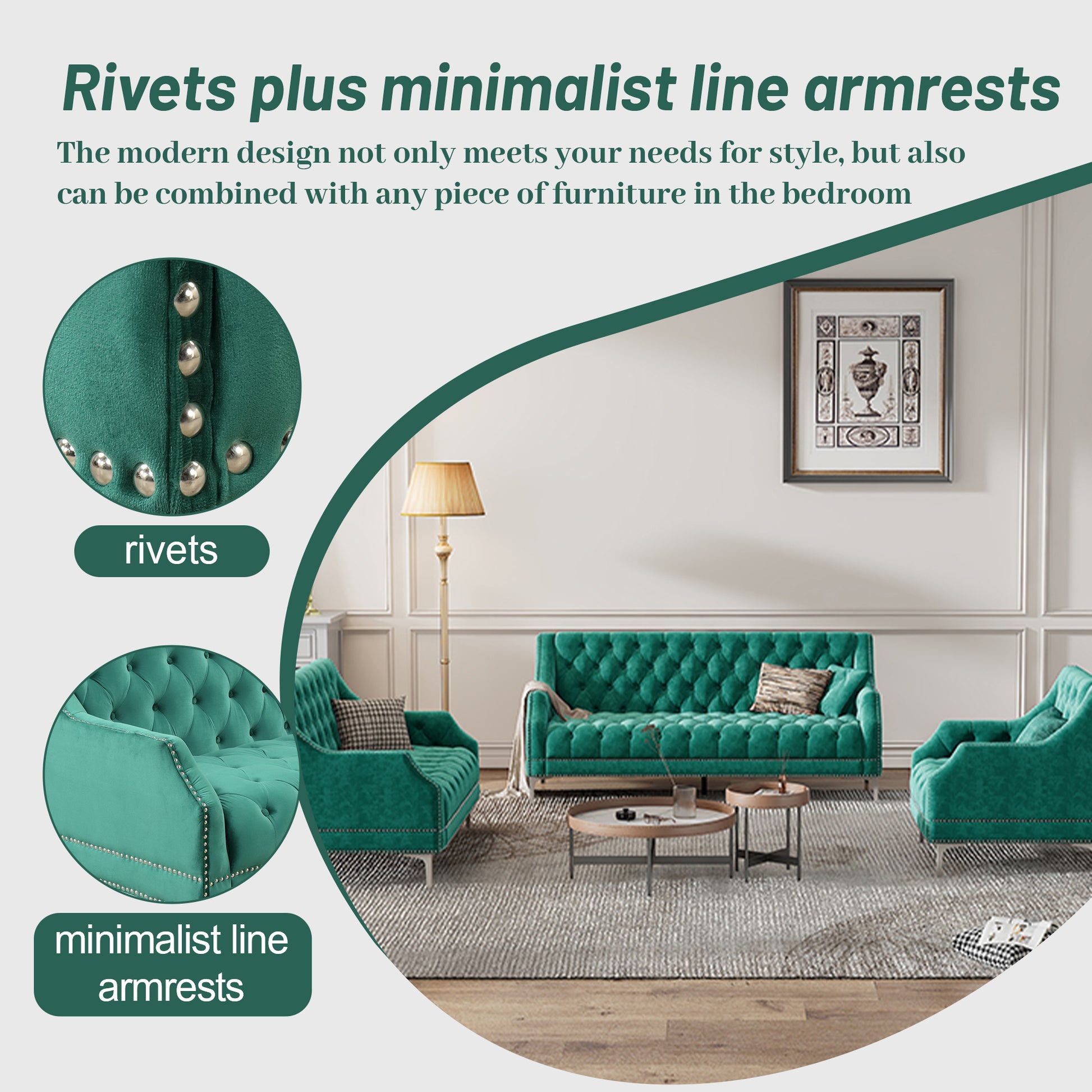 55.5" Modern Sofa Dutch Plush Upholstered Sofa With Metal Legs, Button Tufted Back Green Green Foam Polyester